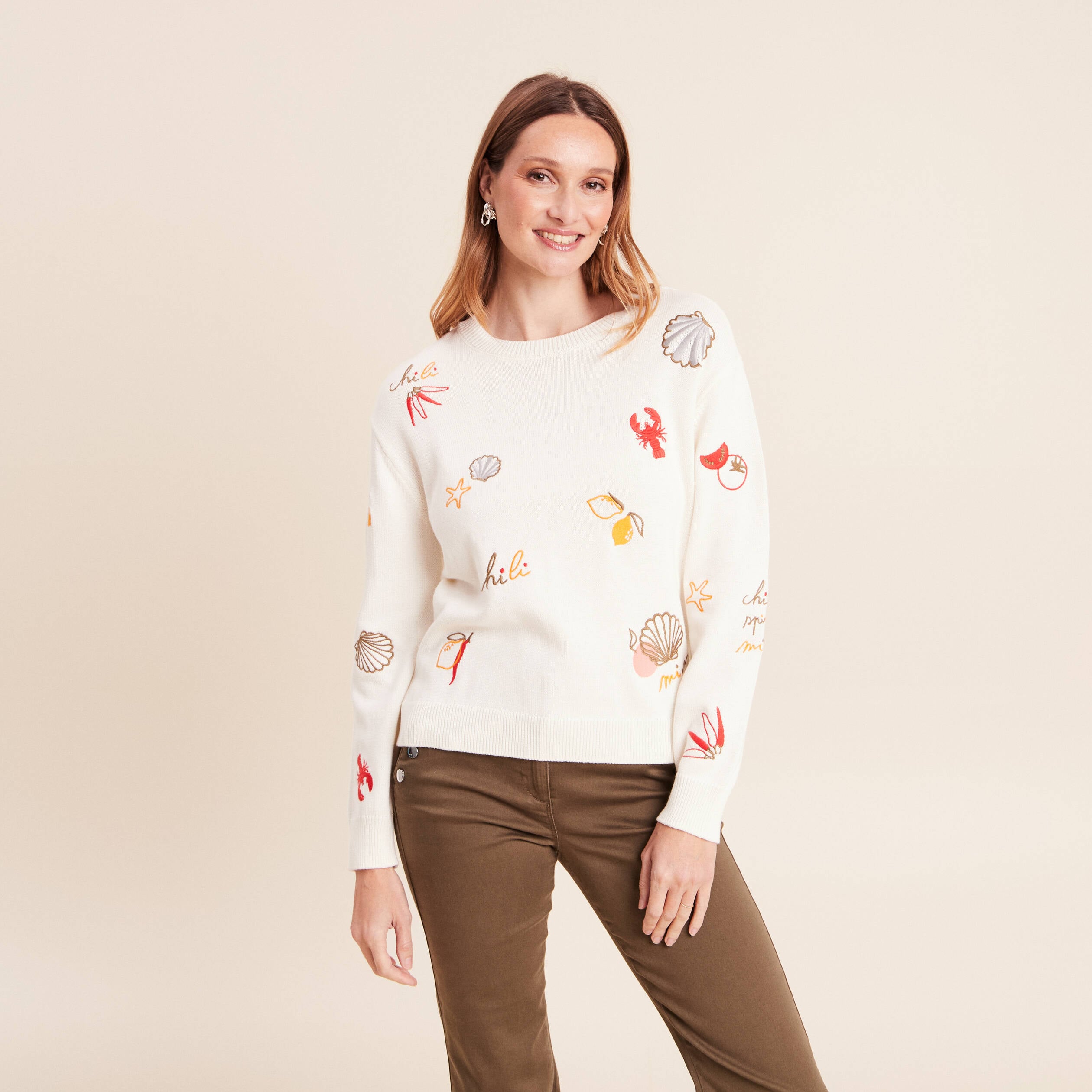 Pull col rond manches longues rouge femme