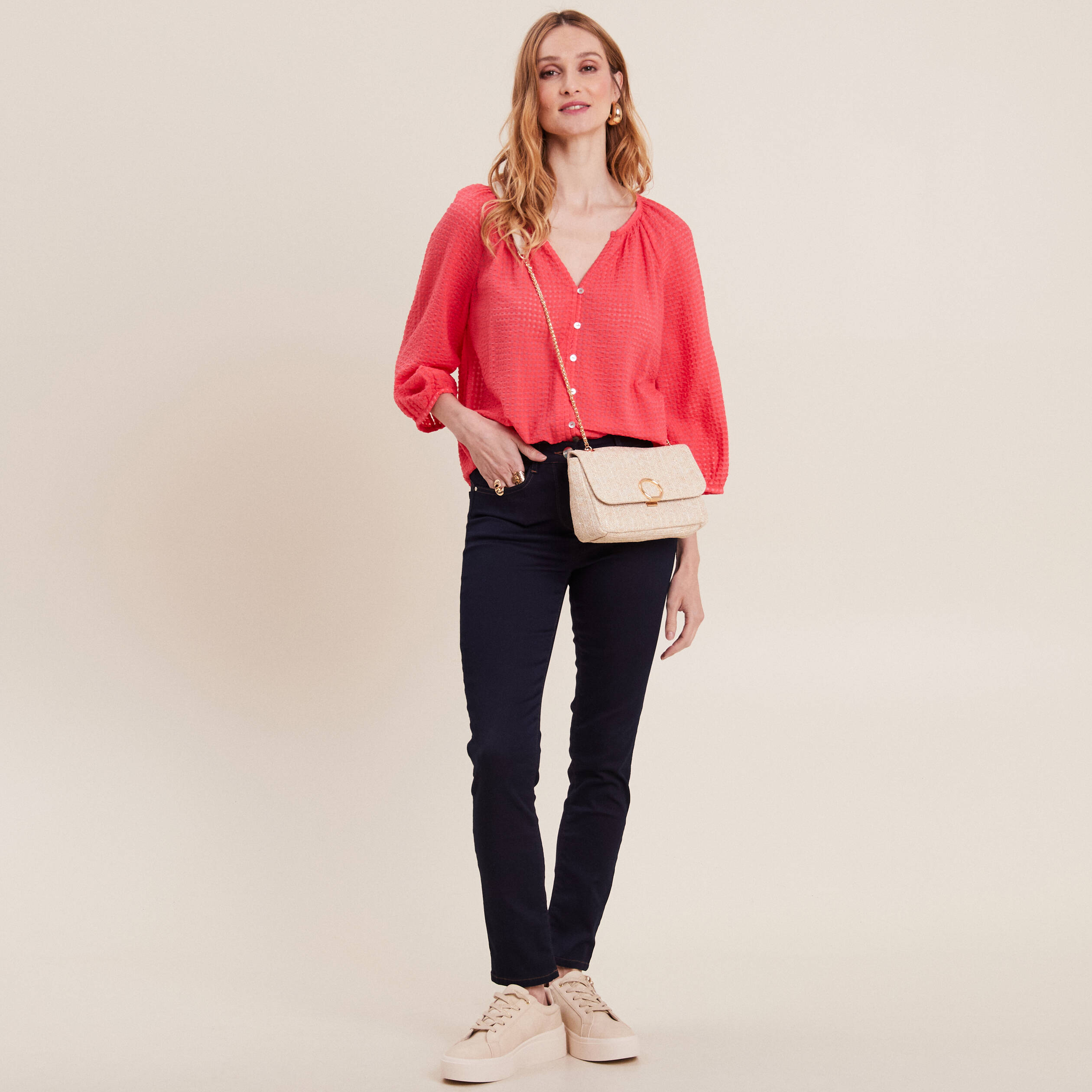 Blouse manches 3/4 rose cerise femme