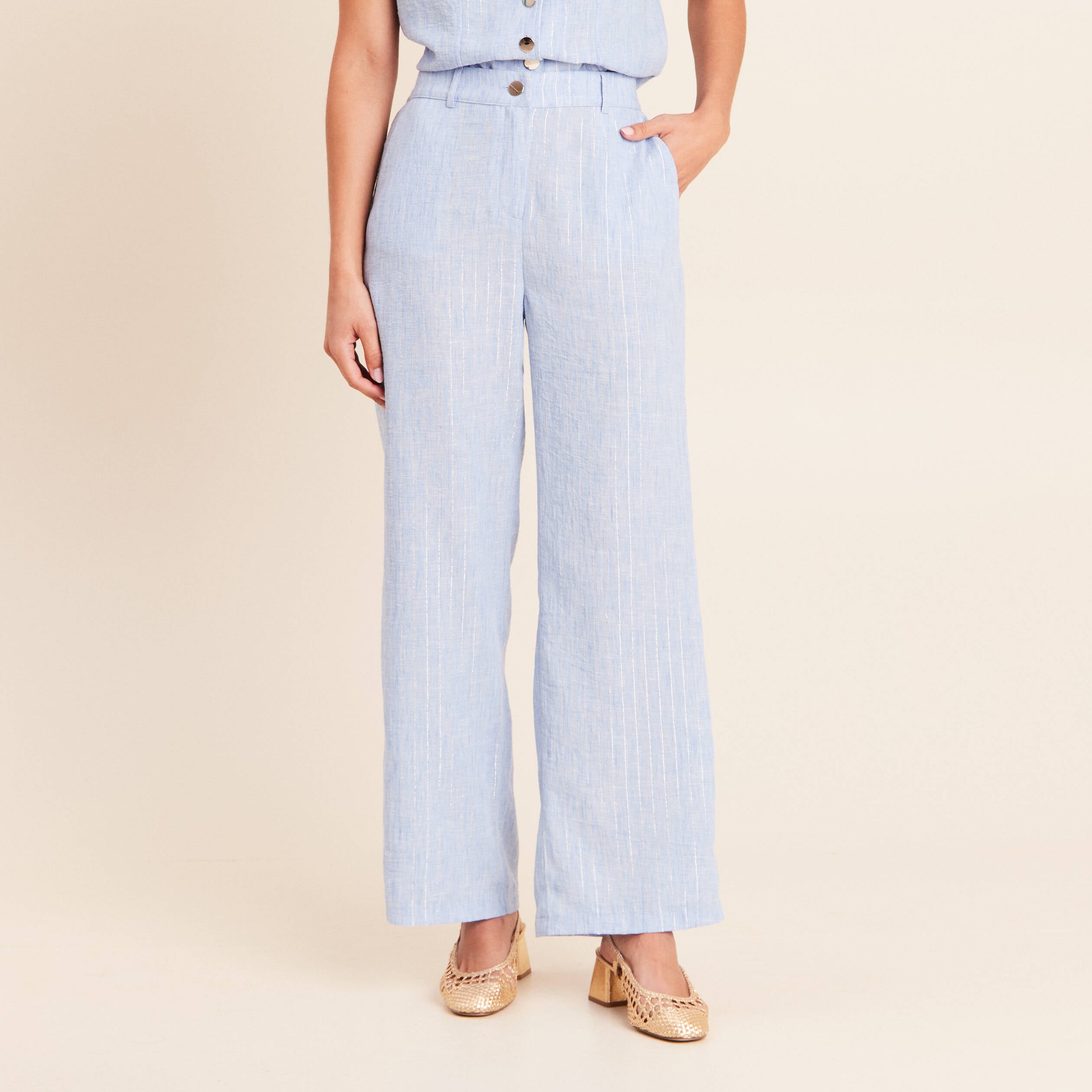 Pantalon large taille haute bleu femme