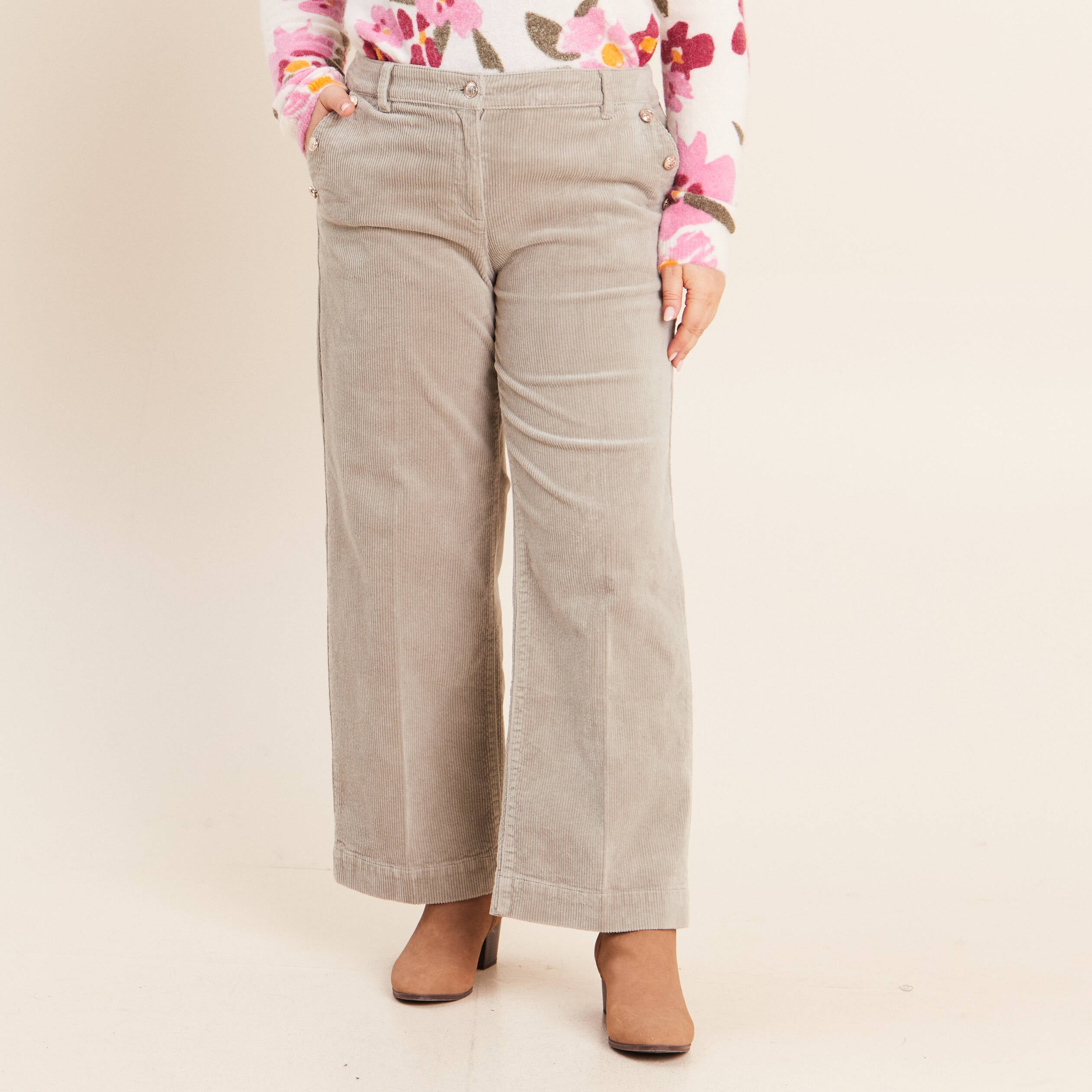 Pantalon large velours c&ocirc;tel&eacute; vert clair femme