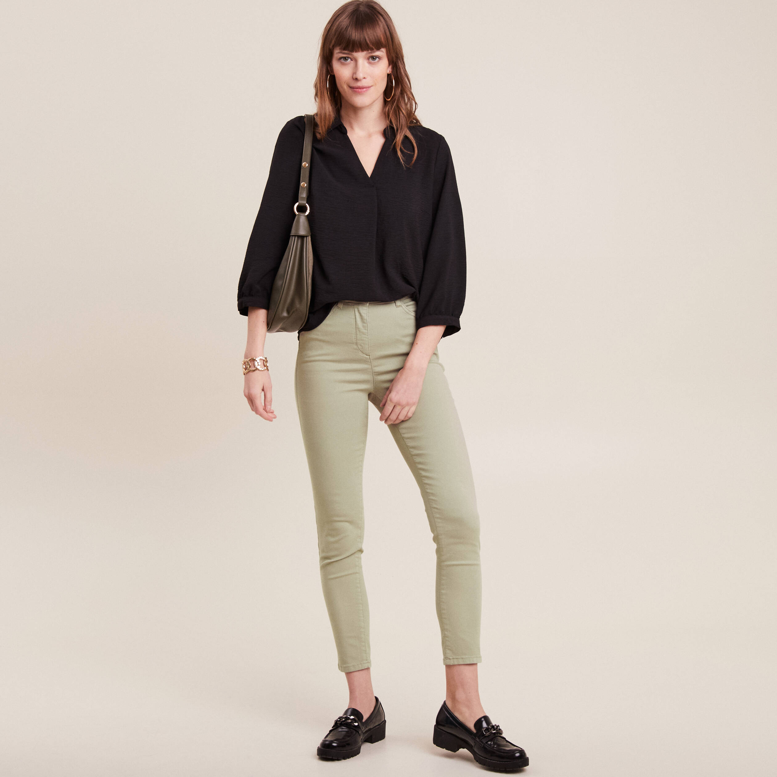 Pantalon léger taille haute 7/8ème vert clair femme