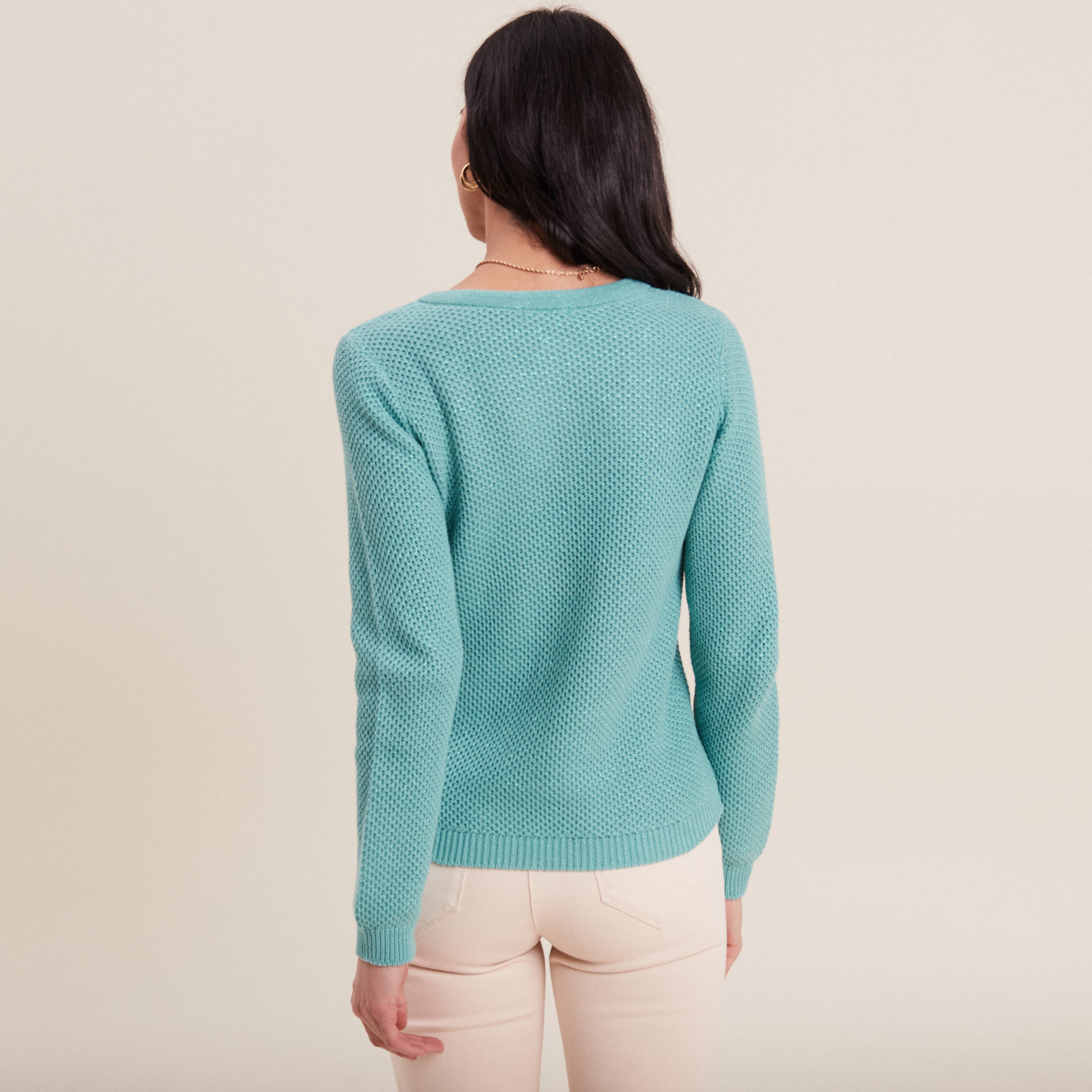 Pull avec col en V bleu canard femme