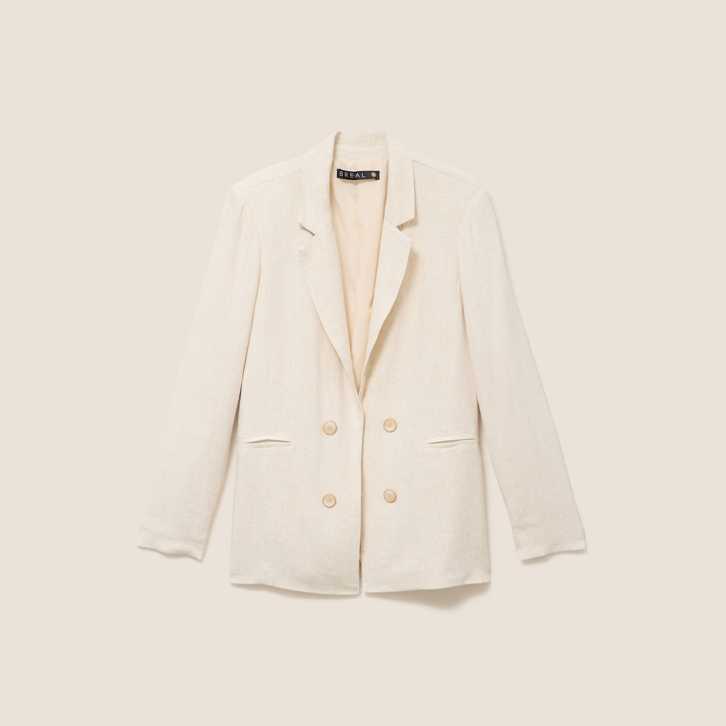 Blazer droit long manches 3/4 doubl&eacute; beige femme