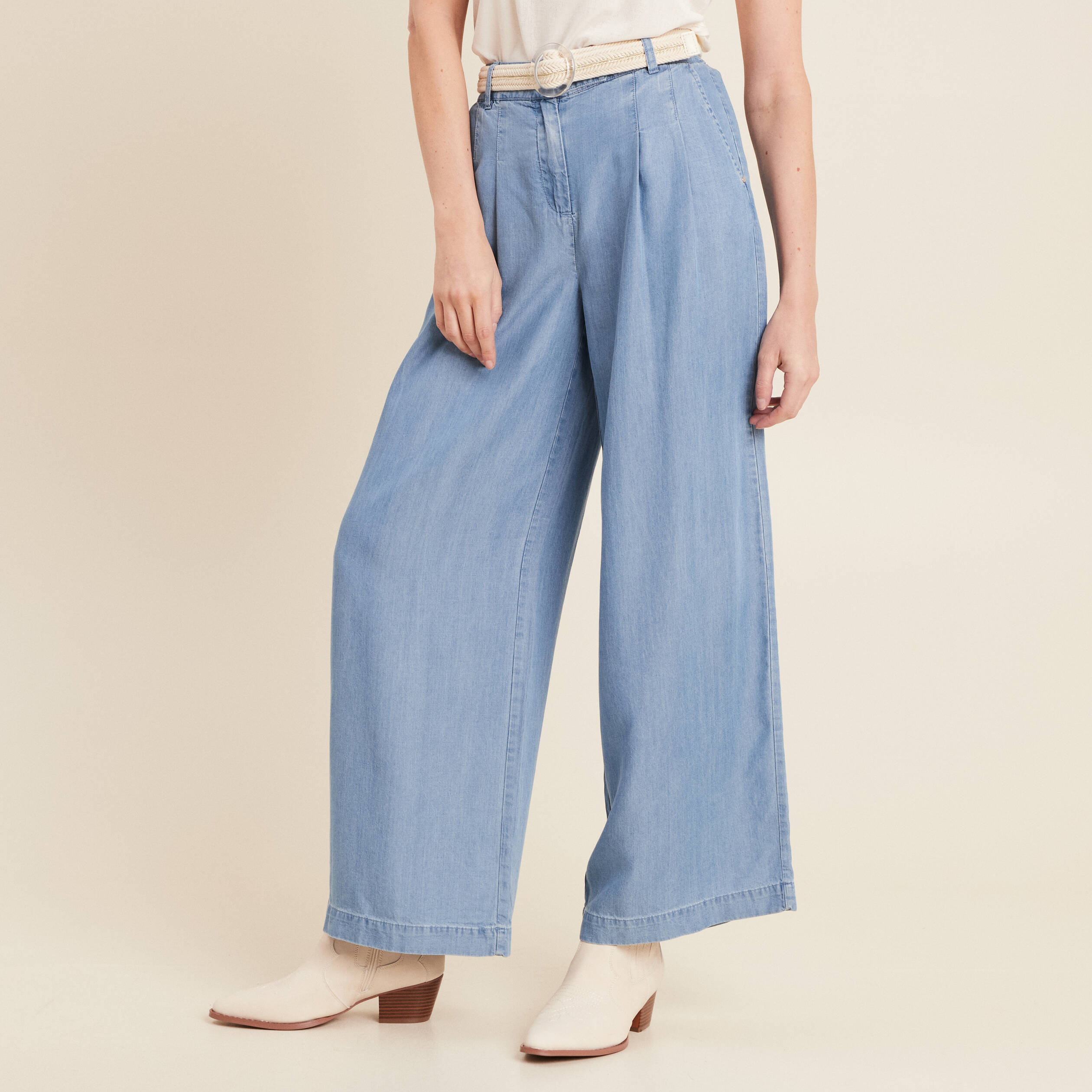 Pantalon large taille haute denim double stone femme