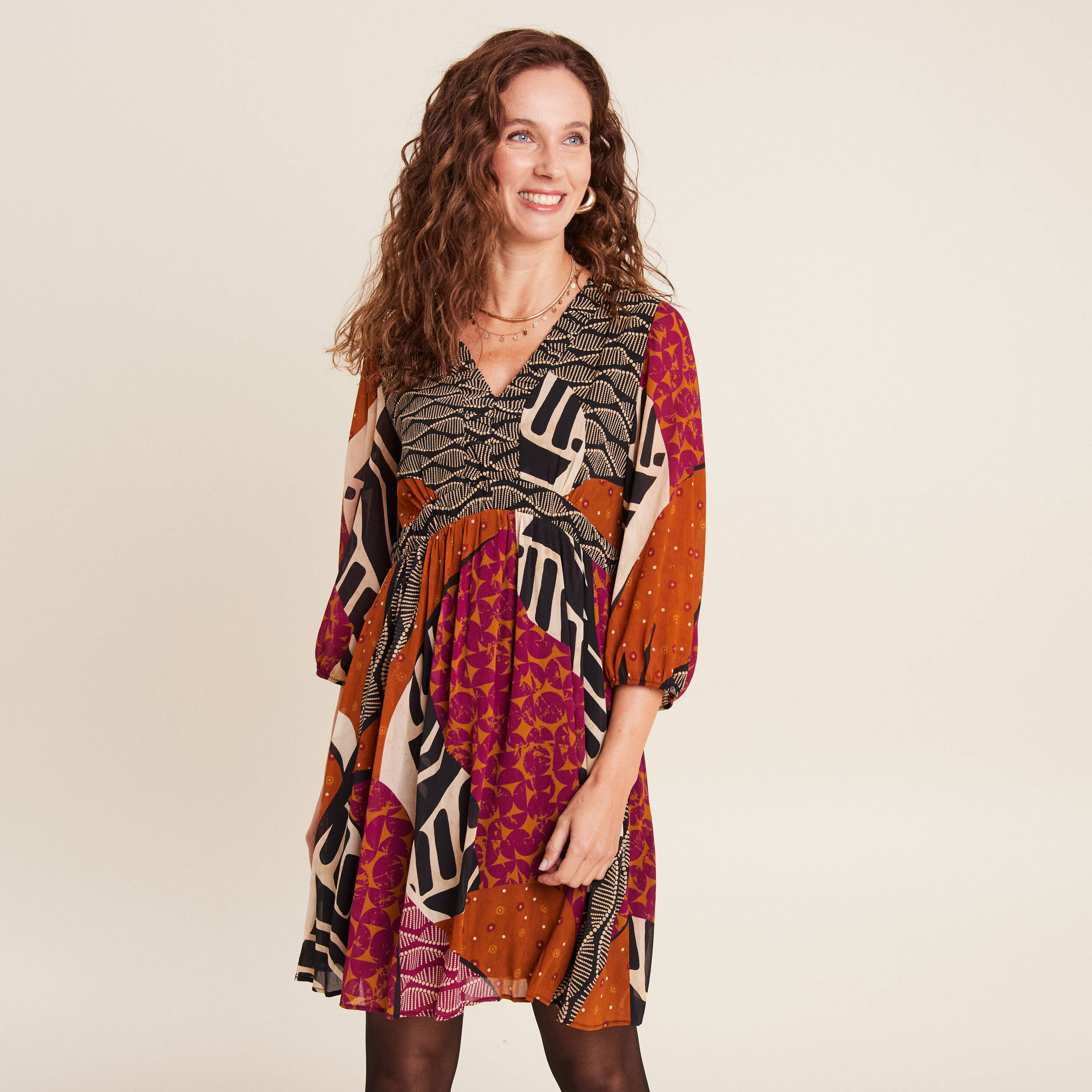 Robe évasée fluide manches 3/4 multicolore femme