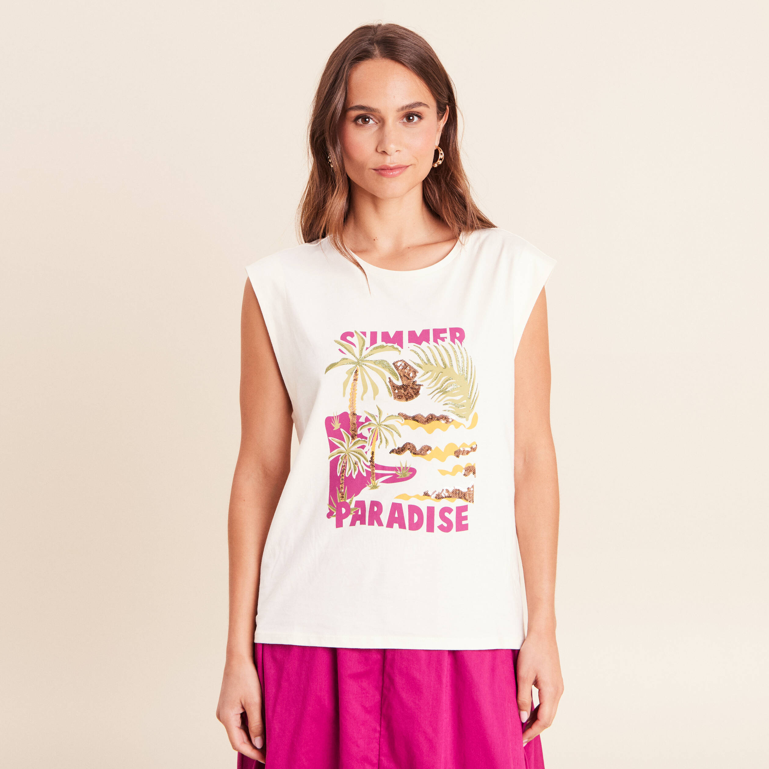 T-shirt col rond manches courtes ecru femme