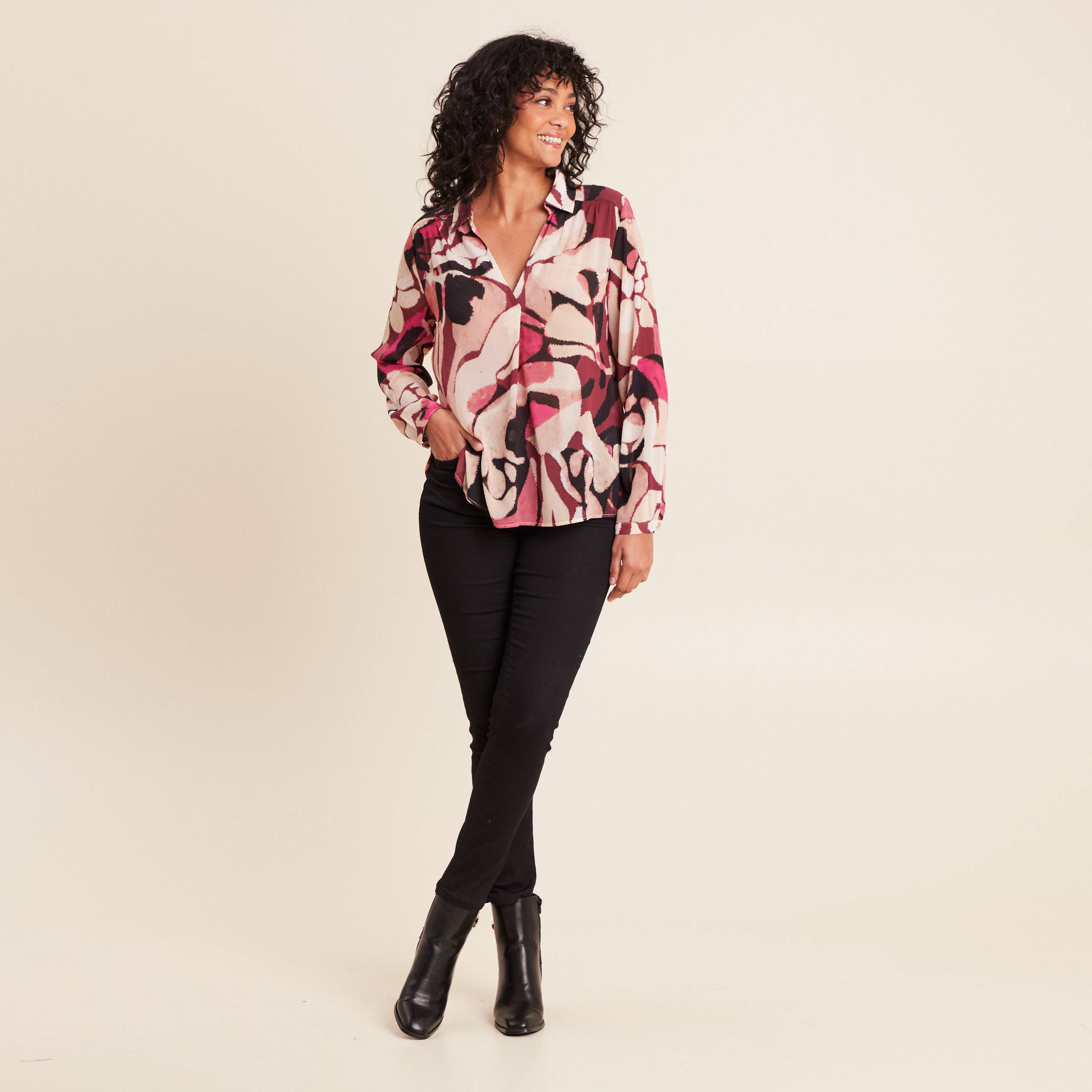 Chemise de nuit femme molletonnée très chaude Rose – Col Claudine 4 boutons