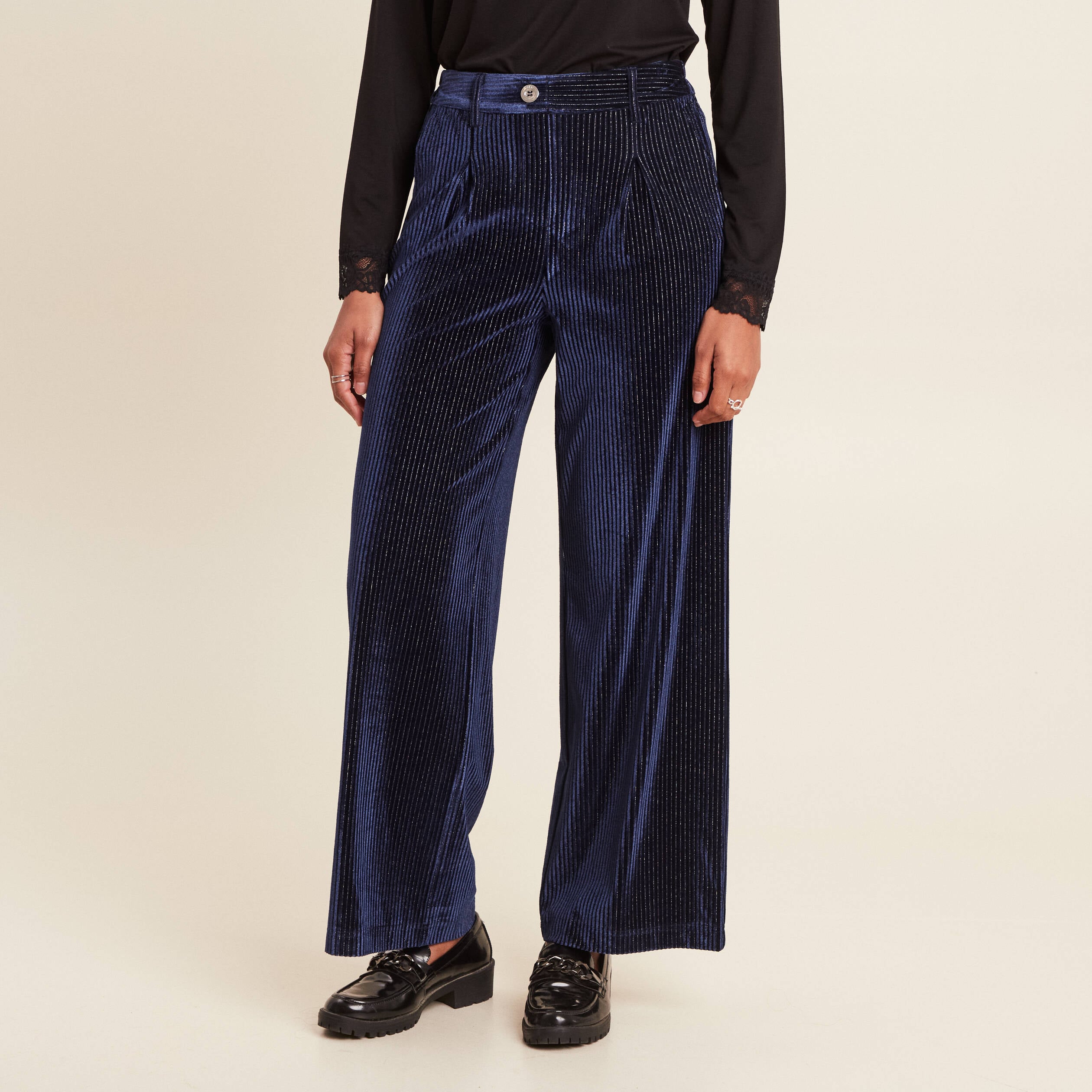 Pantalon large velours bleu fonc&eacute; femme