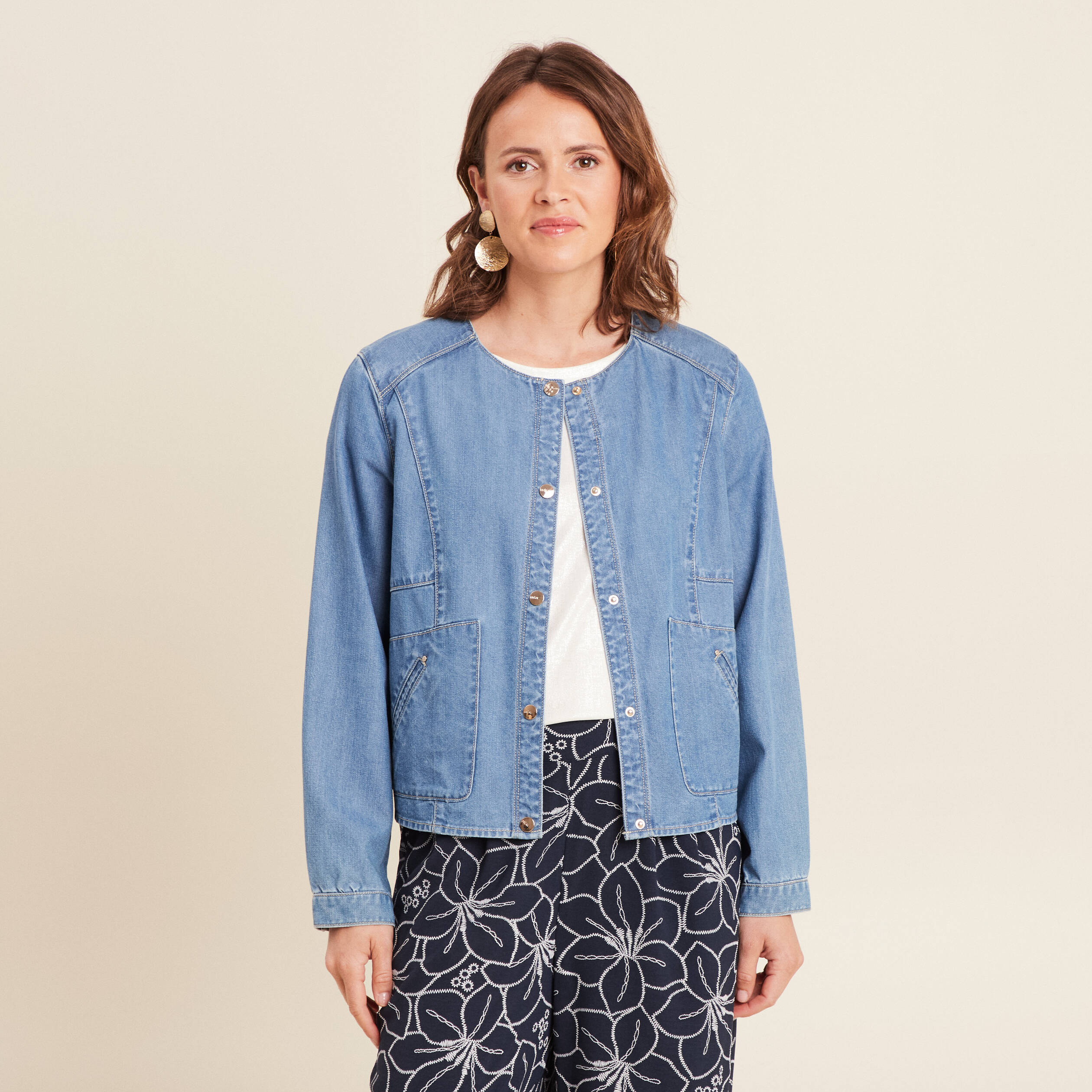 Blouson boutonné en jean denim double stone femme