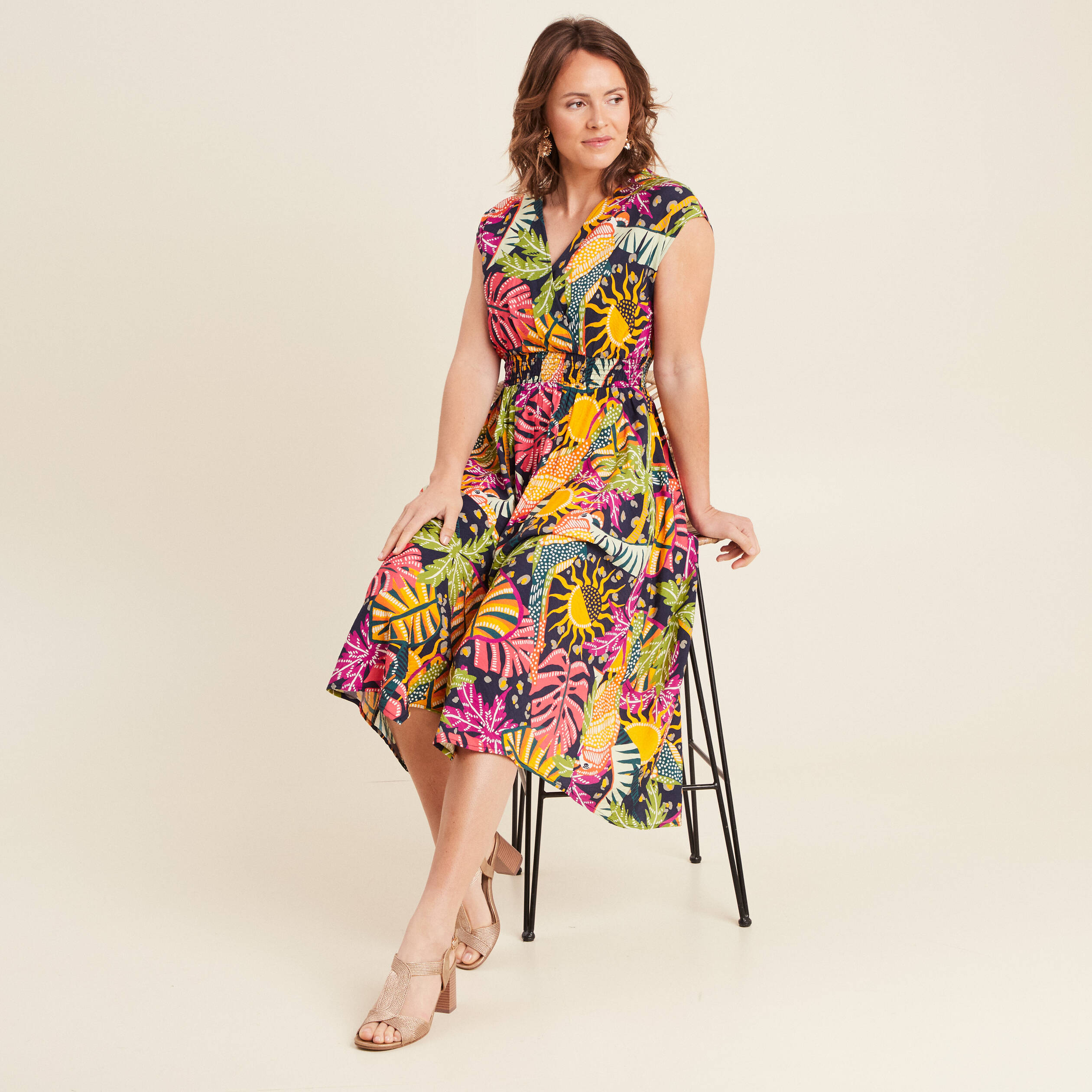 Robe longue évasée sans manches multicolore femme