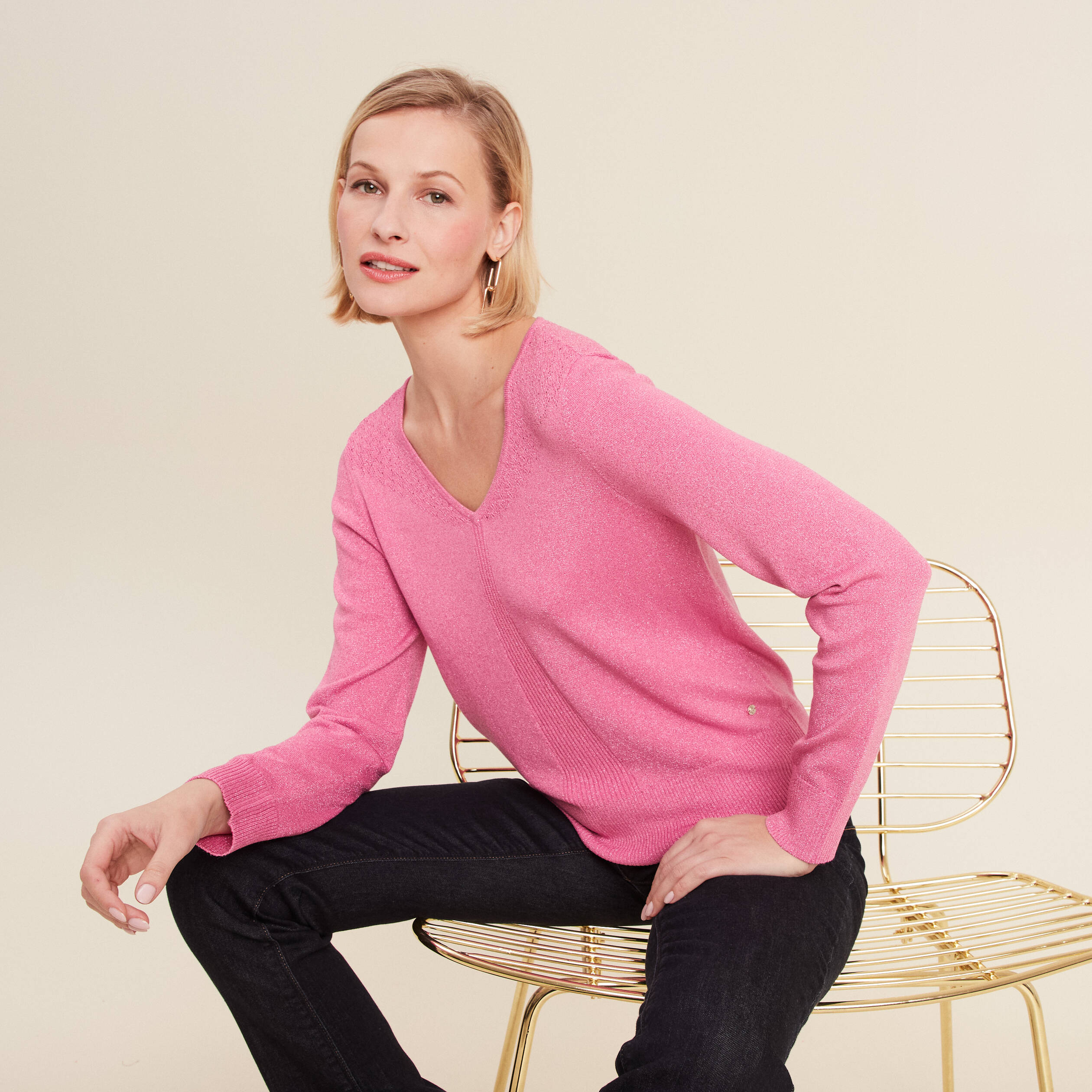 Pull manches longues col en V rose femme