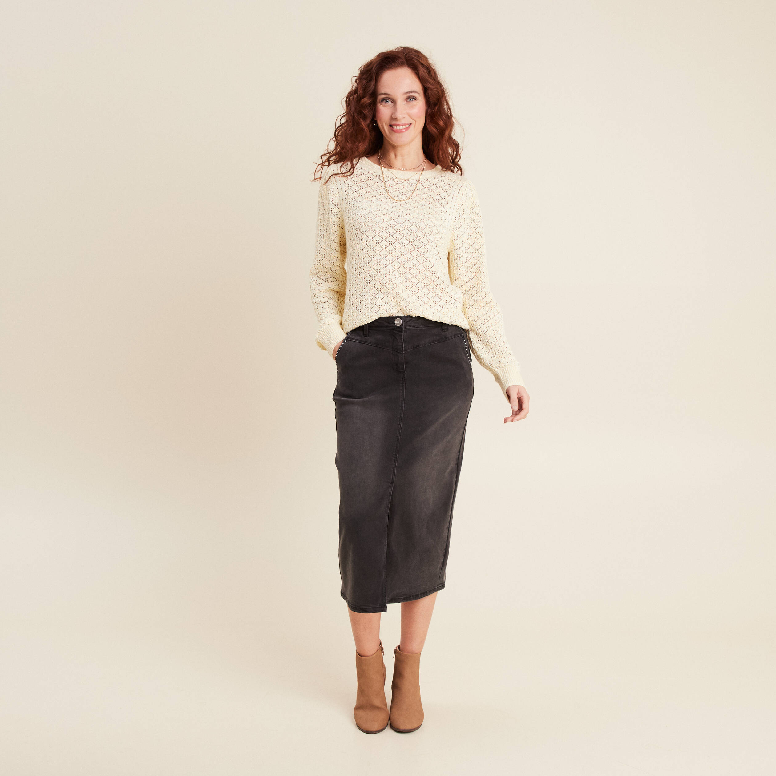 Pull manches longues ajouré jaune clair femme
