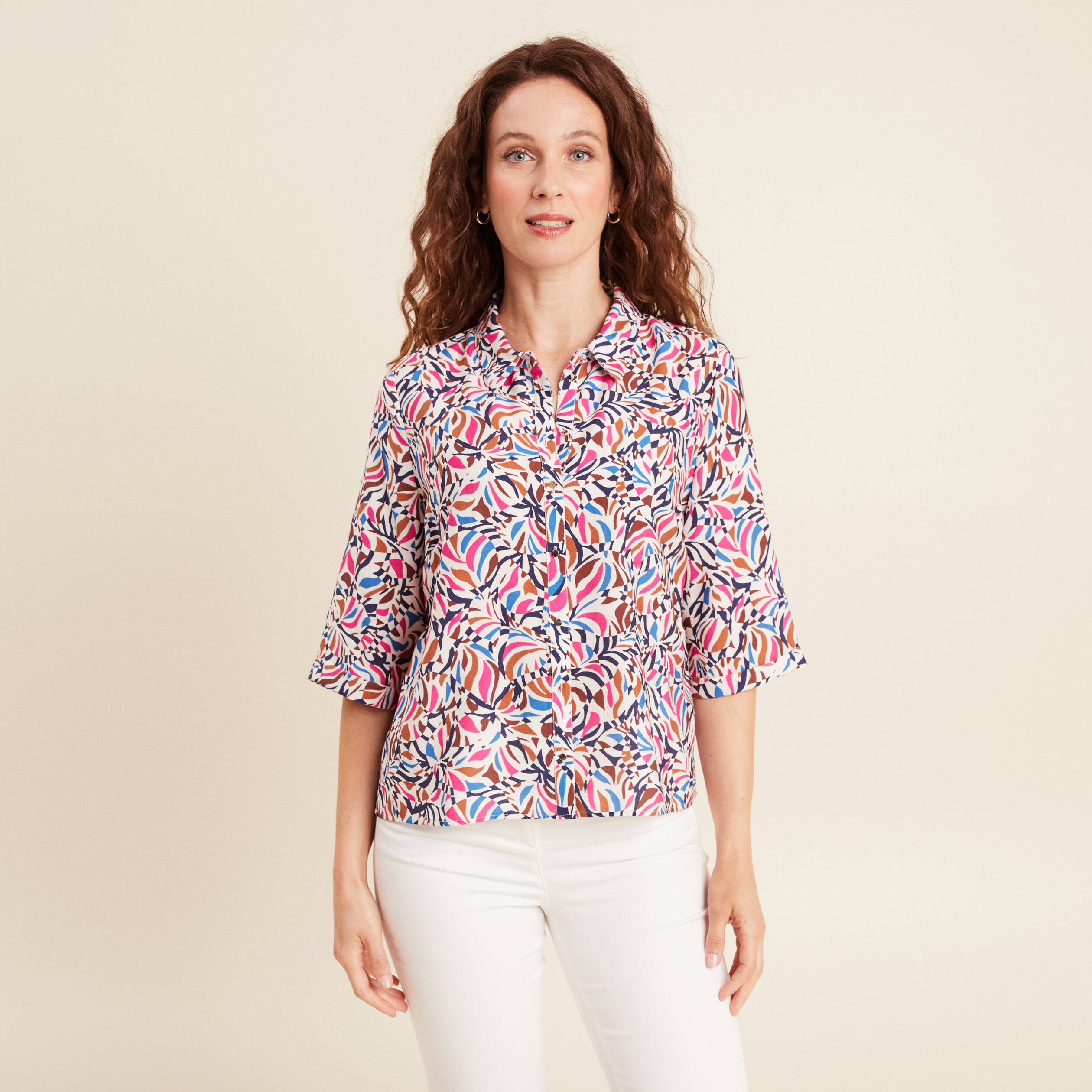 chemise fluide col chemise manches 34 bleu femme Chemise fluide col chemise manches 3/4 bleu femme
