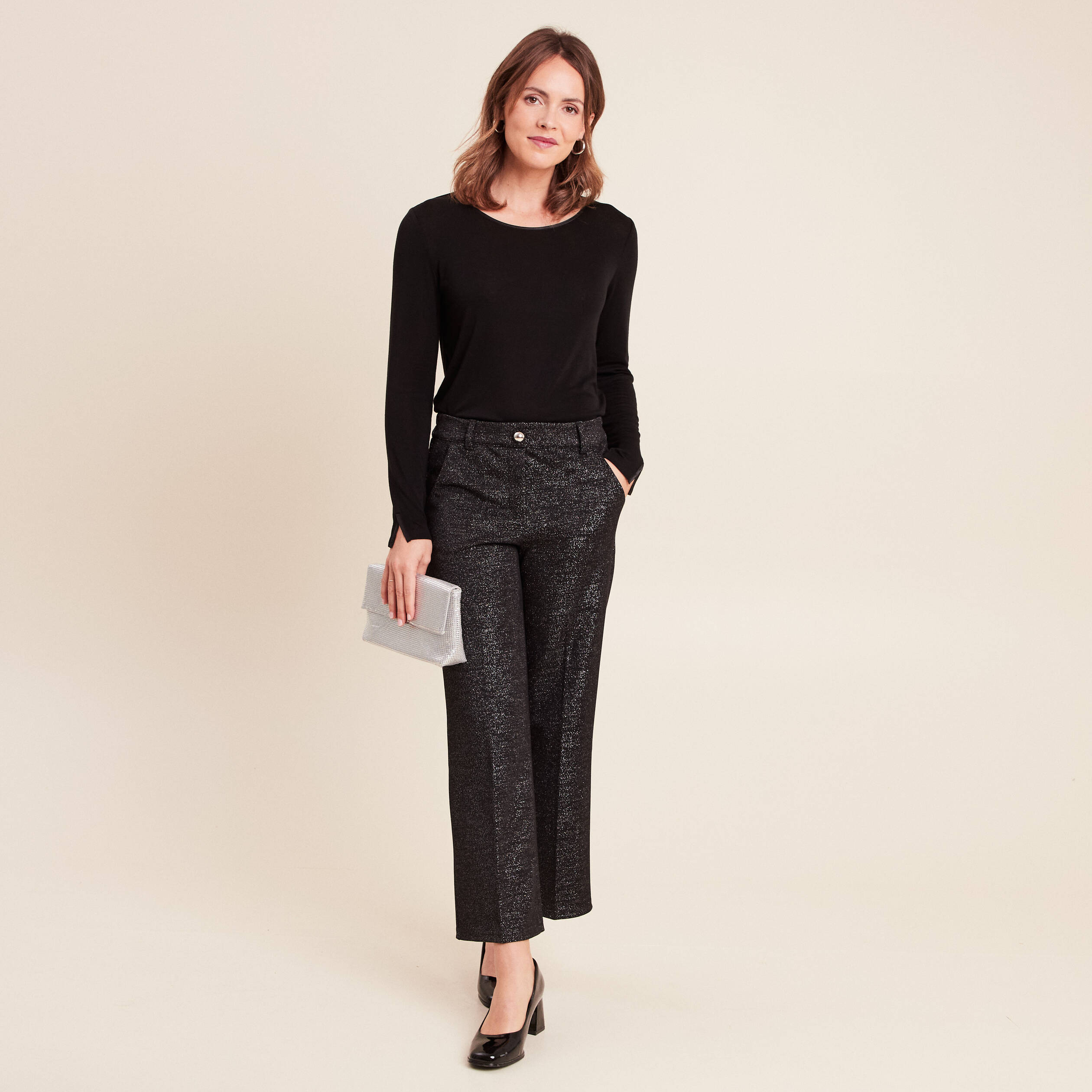 Pantalon large &agrave; paillettes noir femme