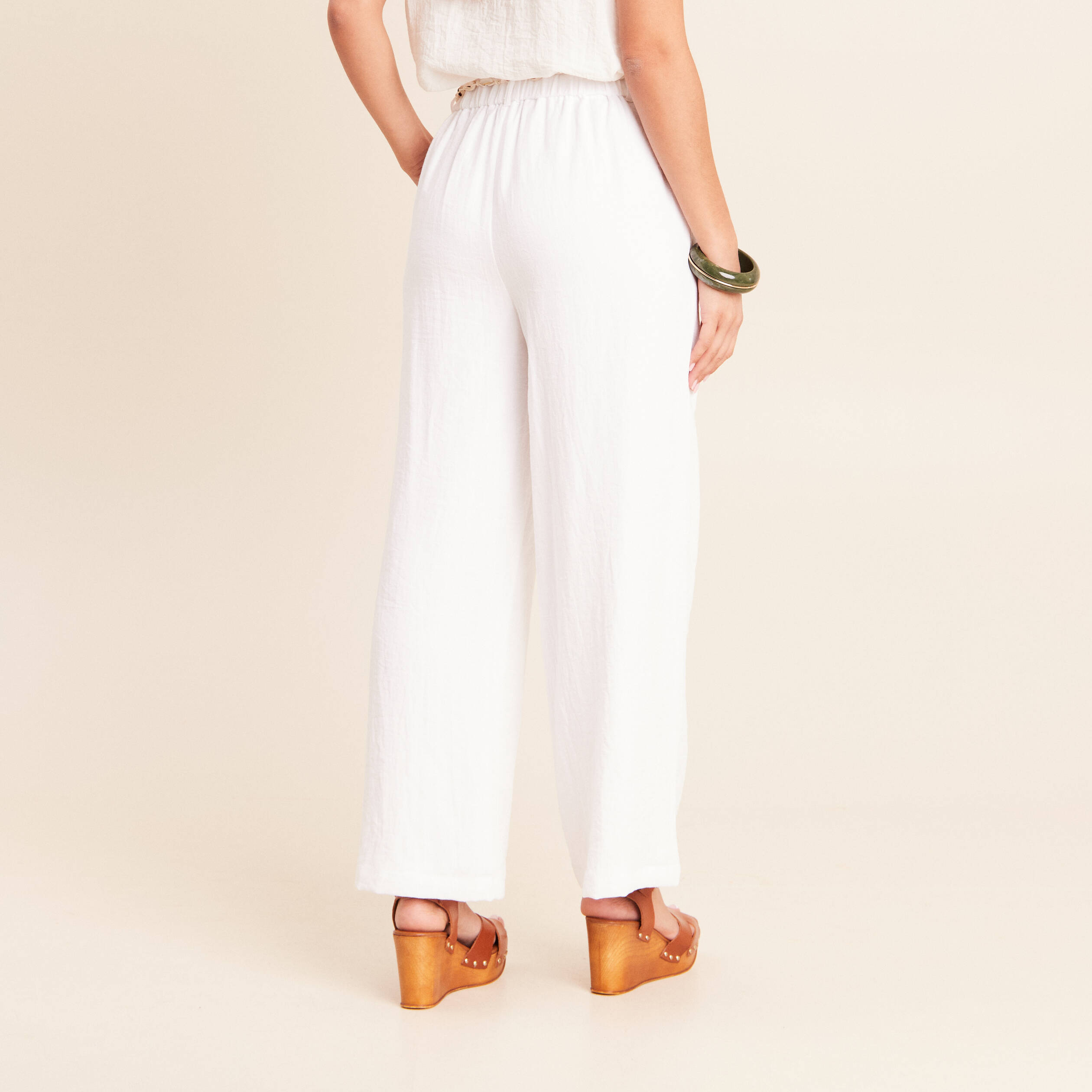 Pantalon large taille haute aspect lin blanc femme