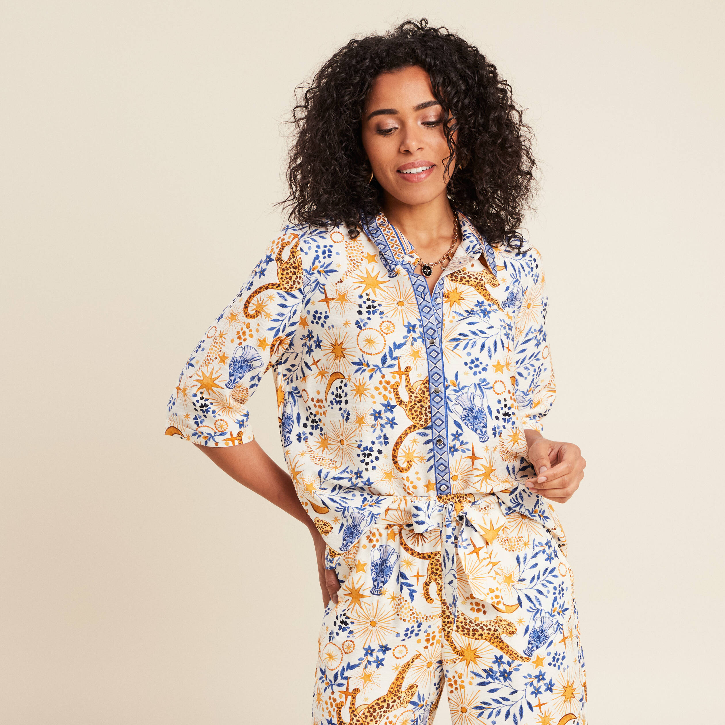 Chemise manches 3/4 bleu femme