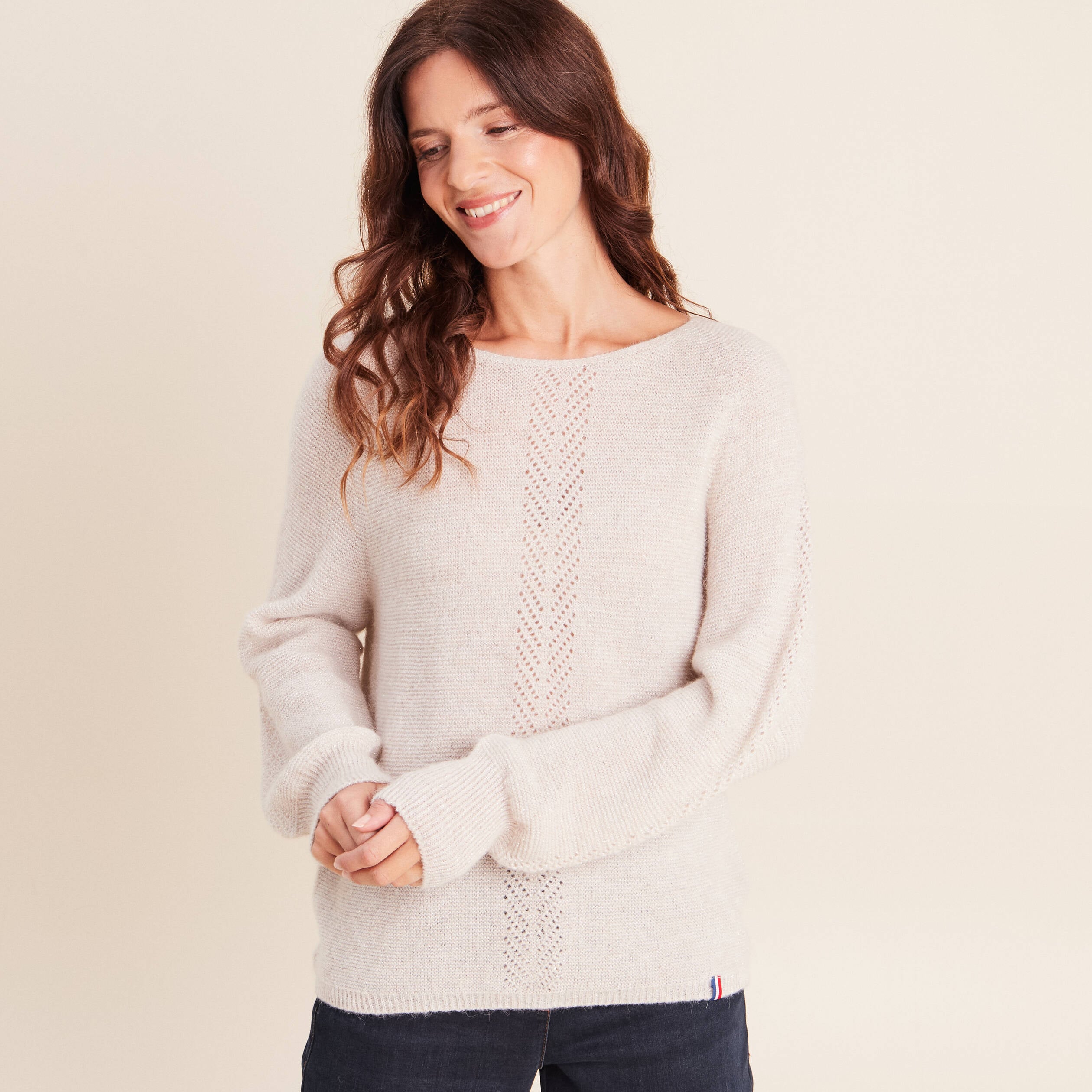 Pull droit col rond manches longues beige femme