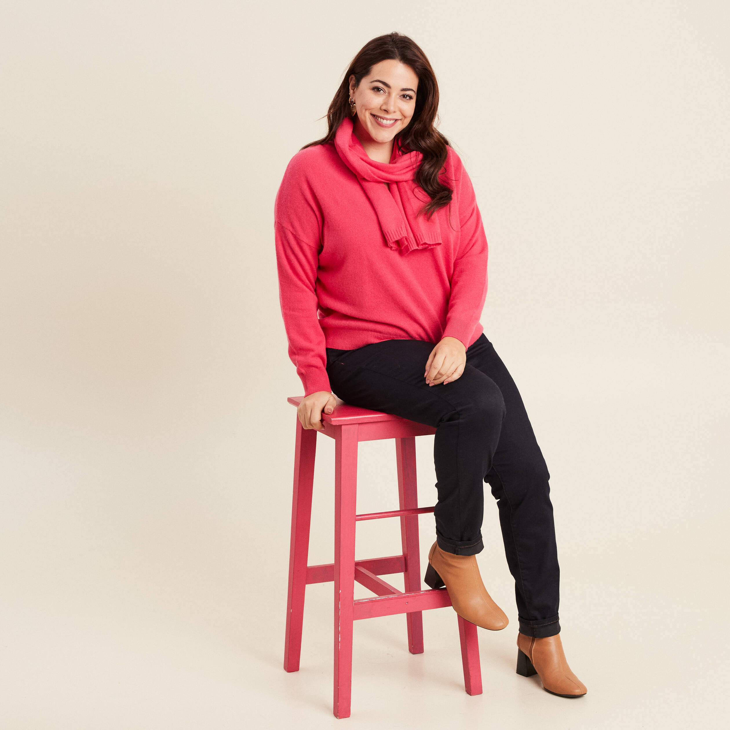 Pull en cachemire manches longues rose framboise femme