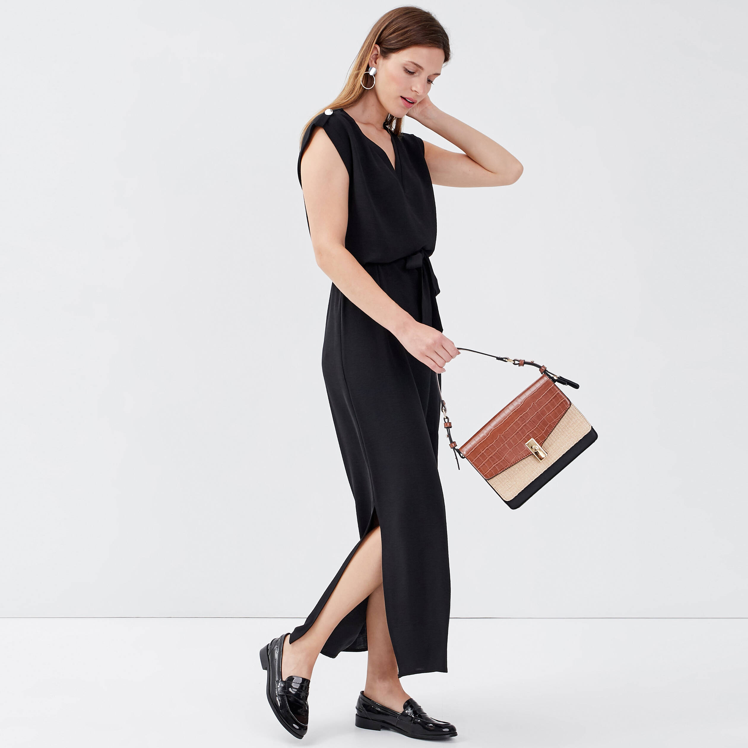Robe longue droite ceinturée noir femme