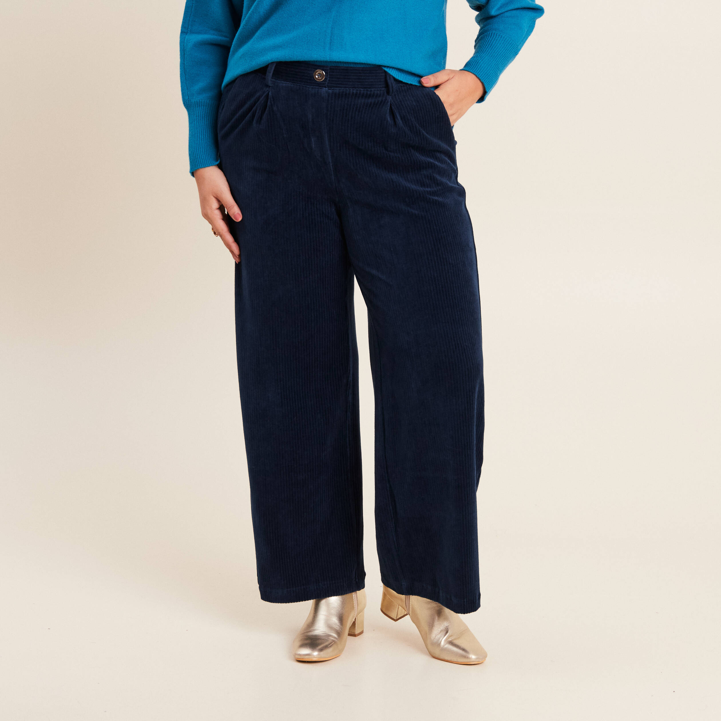 Pantalon large velours bleu marine femme