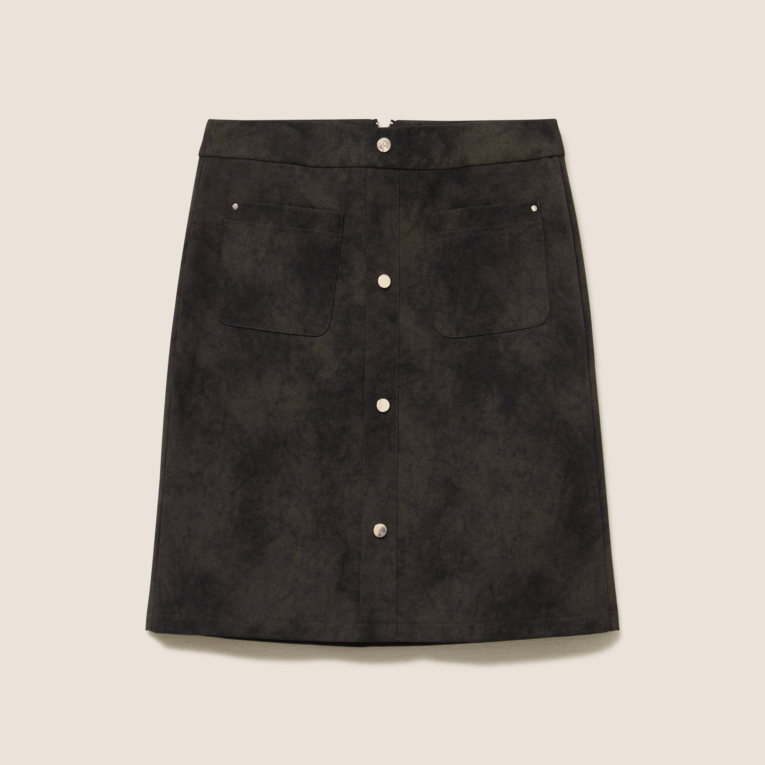 Jupe droite courte en similicuir vert kaki femme
