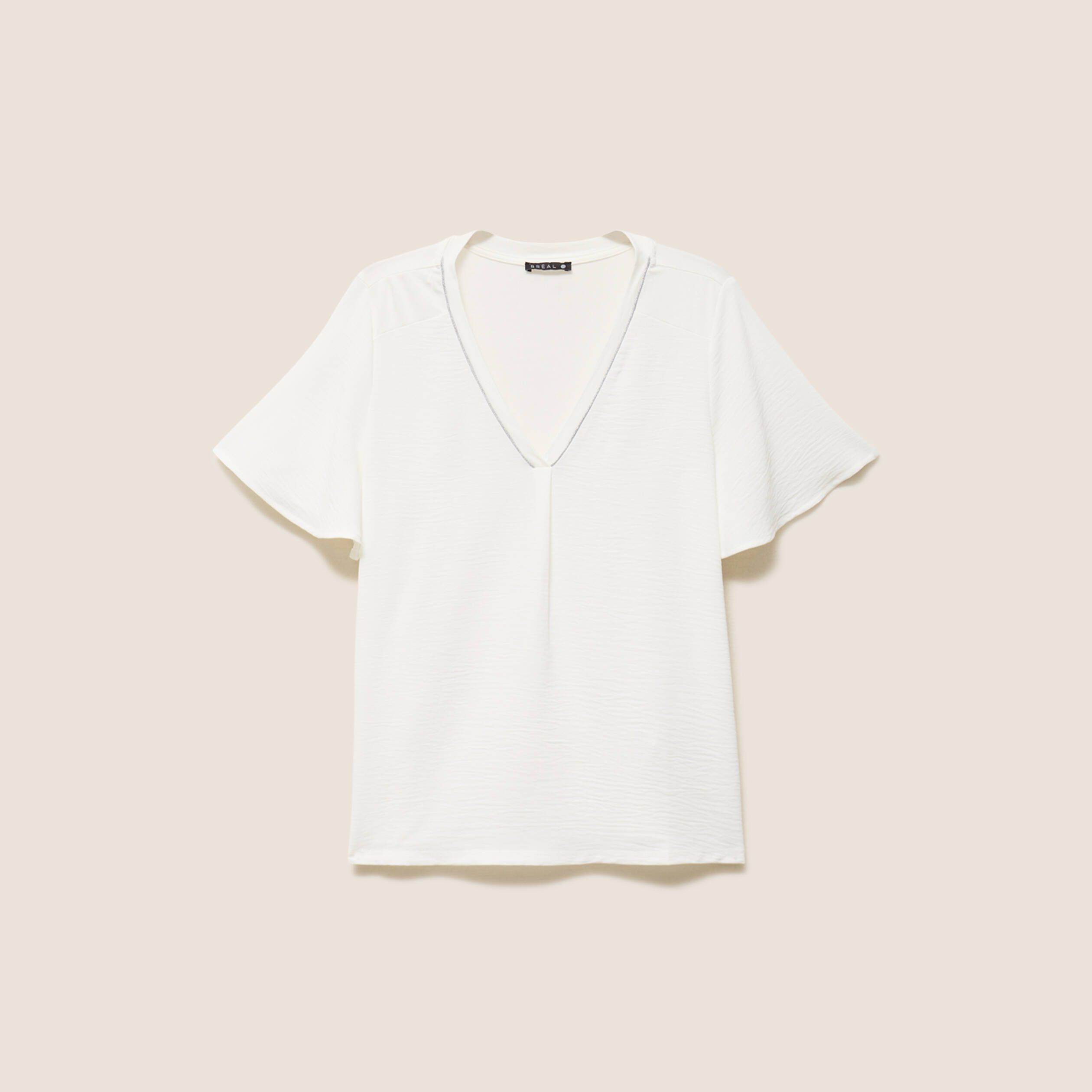 T-shirt bi-mati&egrave;re manches courtes ecru femme