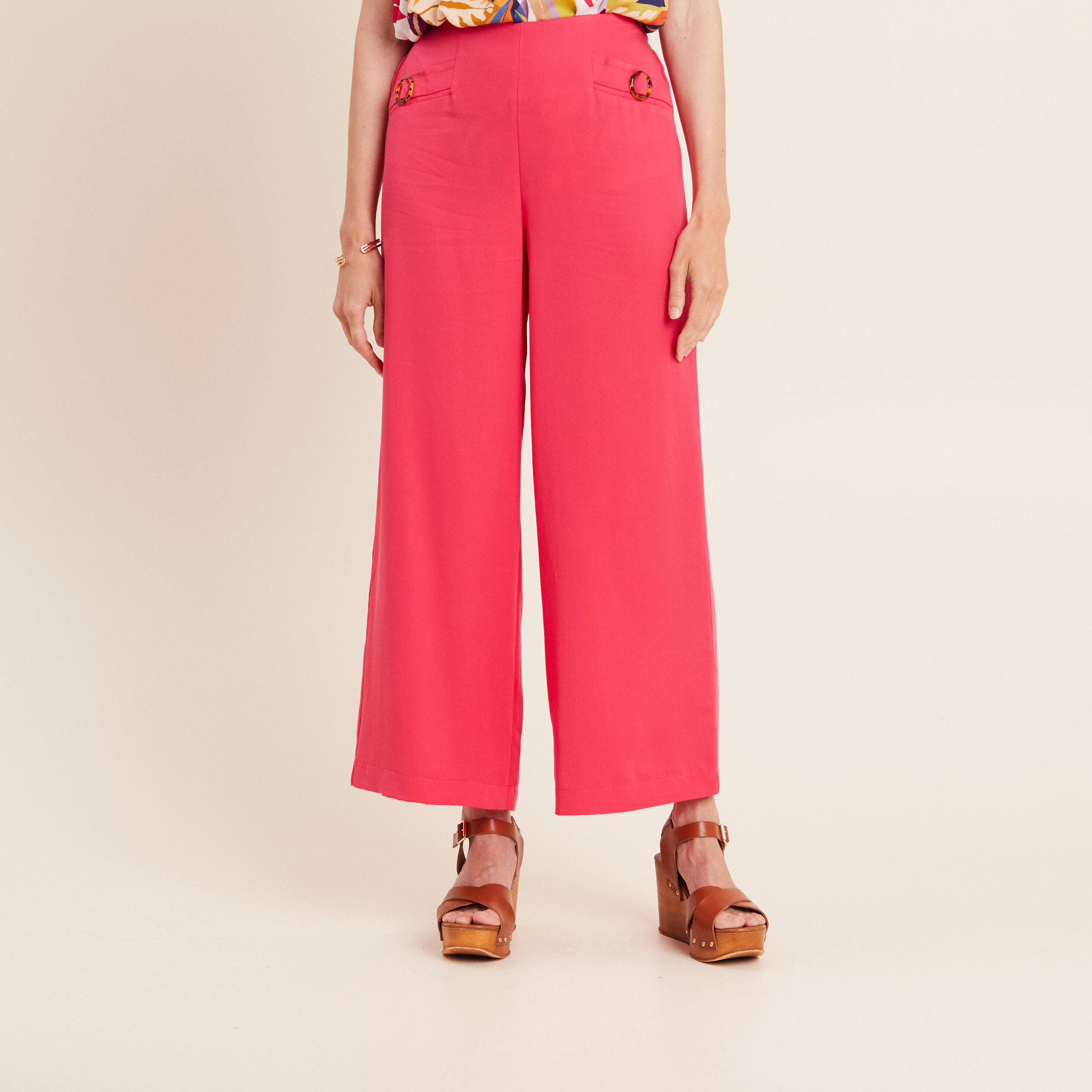 Pantalon large avec boucles rose framboise femme