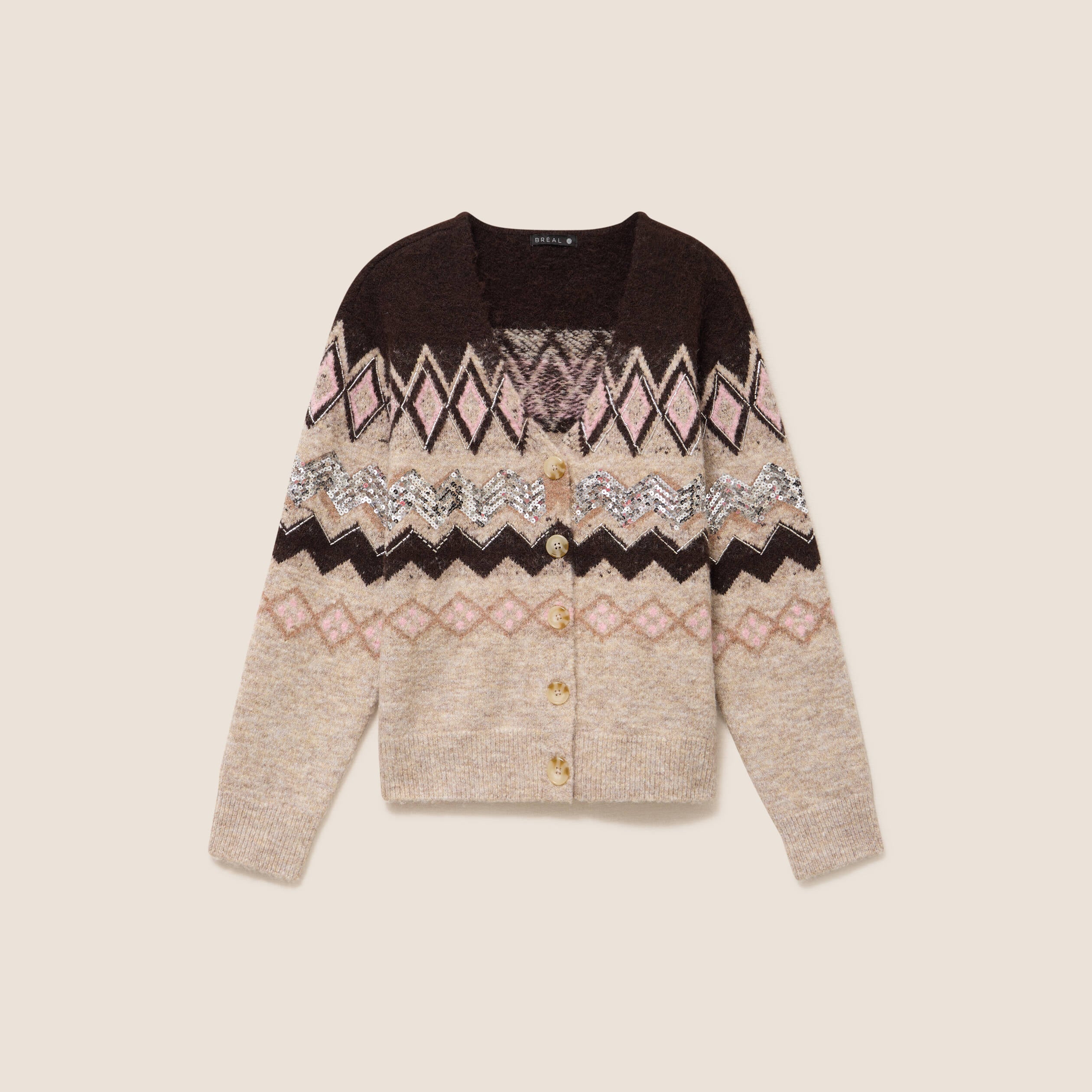 Cardigan jacquard col rond marron femme