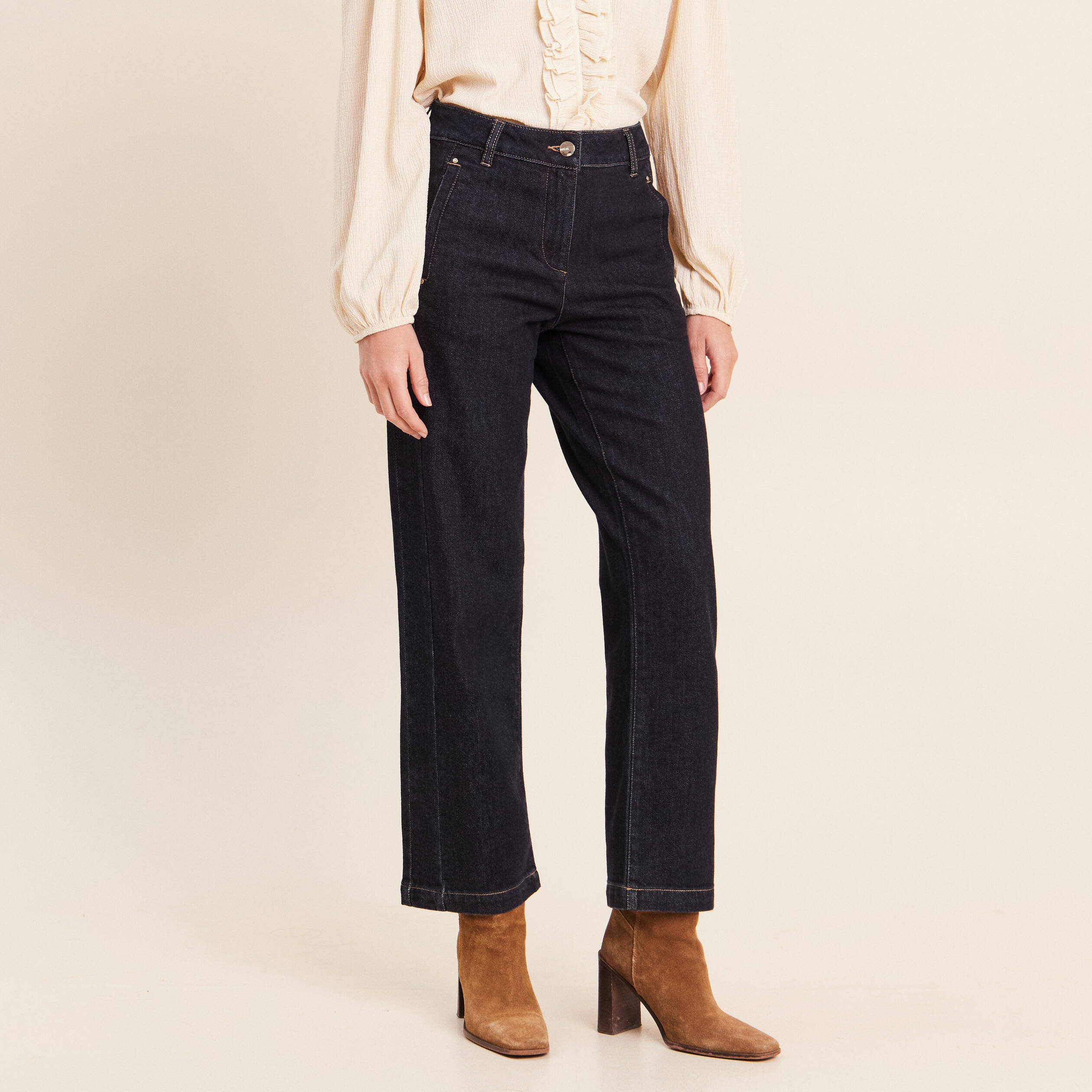 Jean droit taille haute 7/8&egrave;me denim brut femme