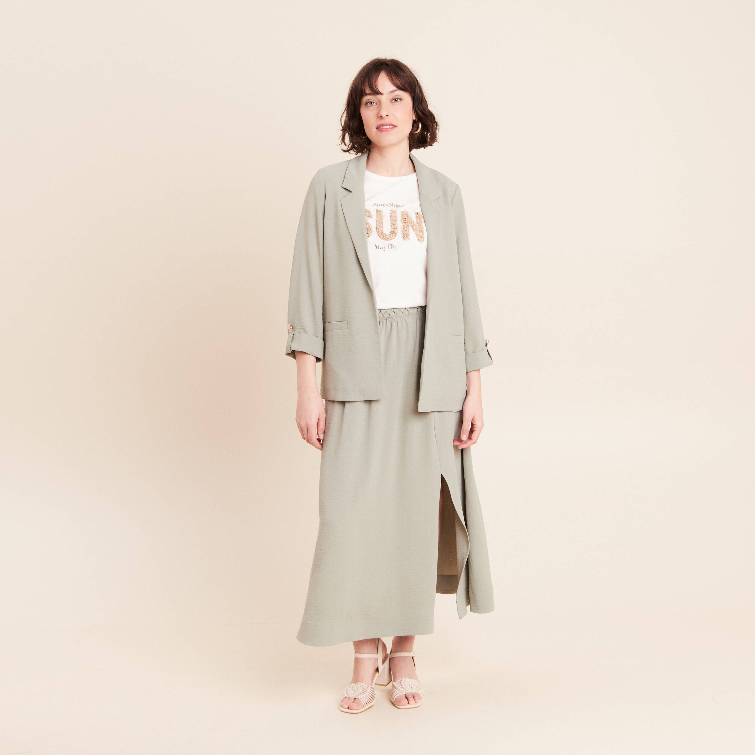 Veste longue droite col tailleur vert clair femme