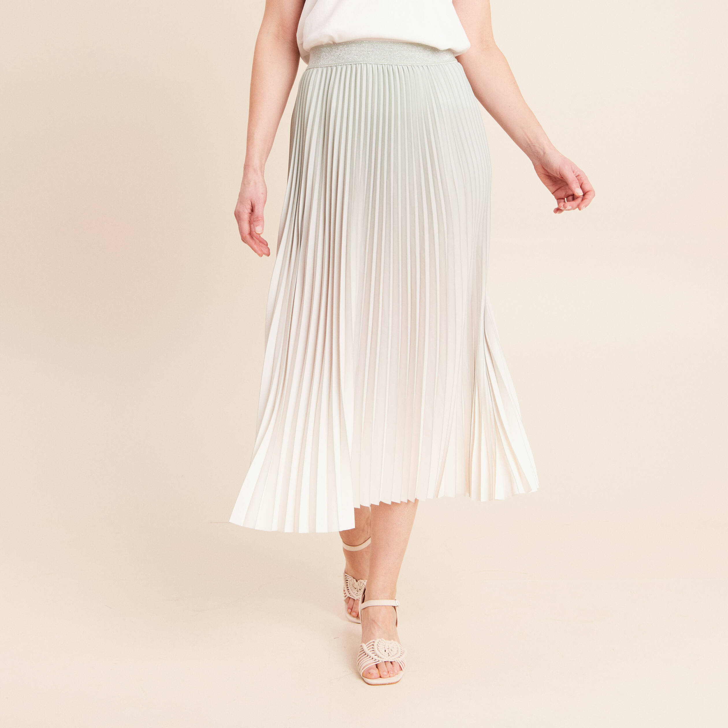 Jupe midi patineuse pliss&eacute;e vert clair femme