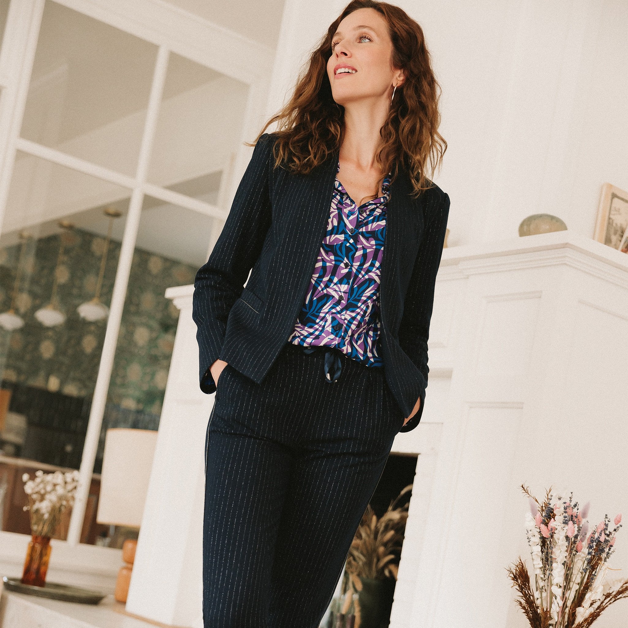 Veste ajustée col châle bleu marine femme