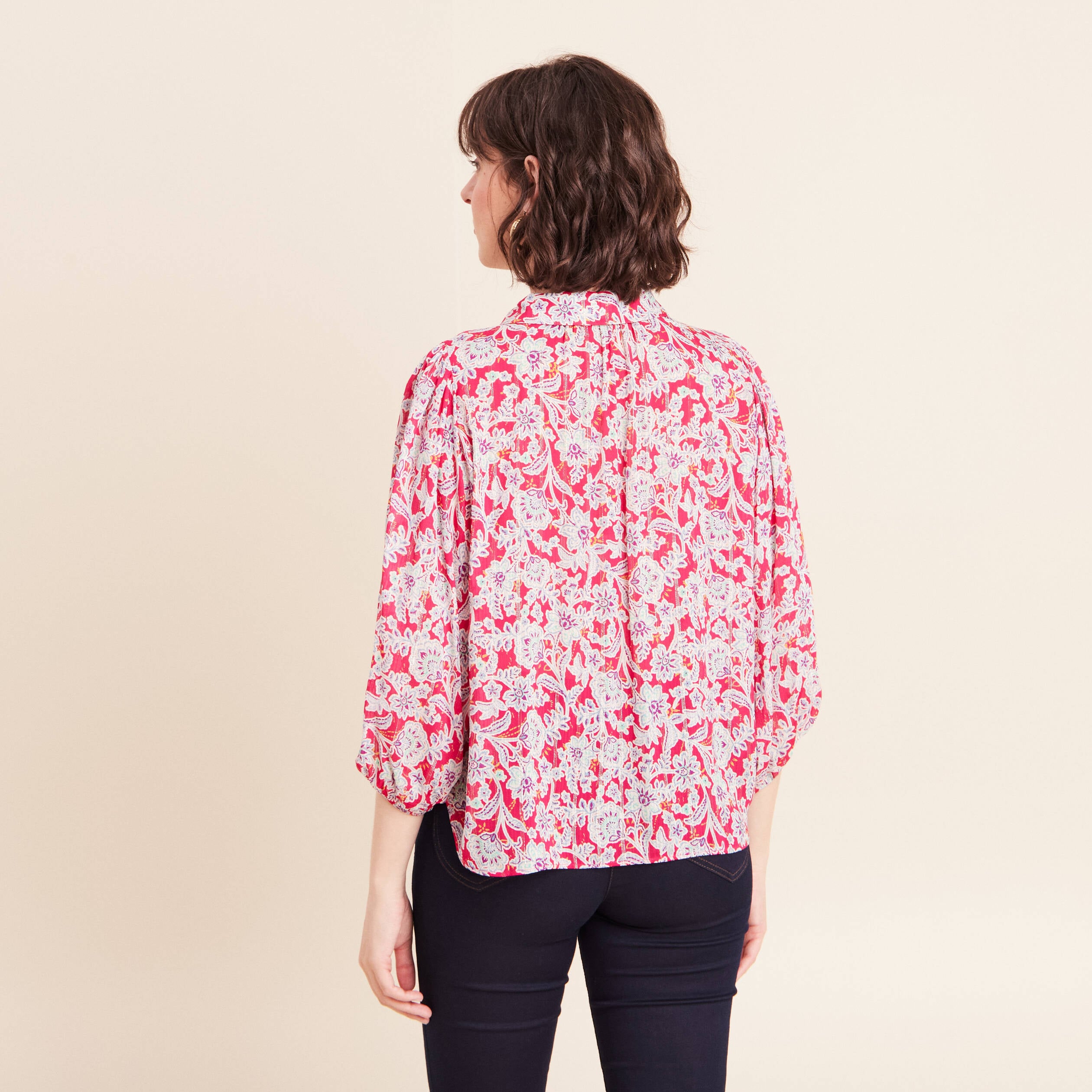 Blouse ample col chemise manches 3/4 rose femme