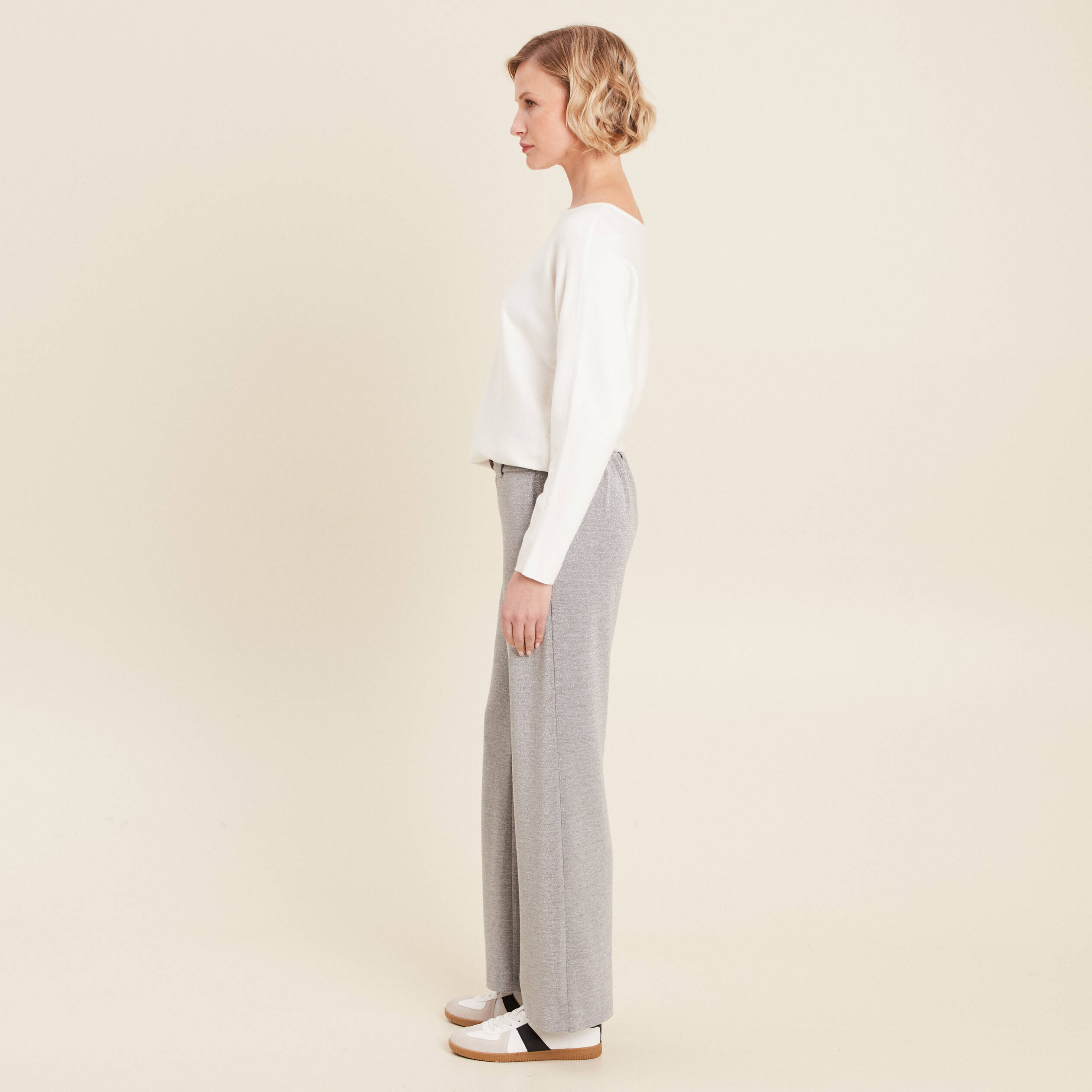 Pantalon large paillettes gris argent femme