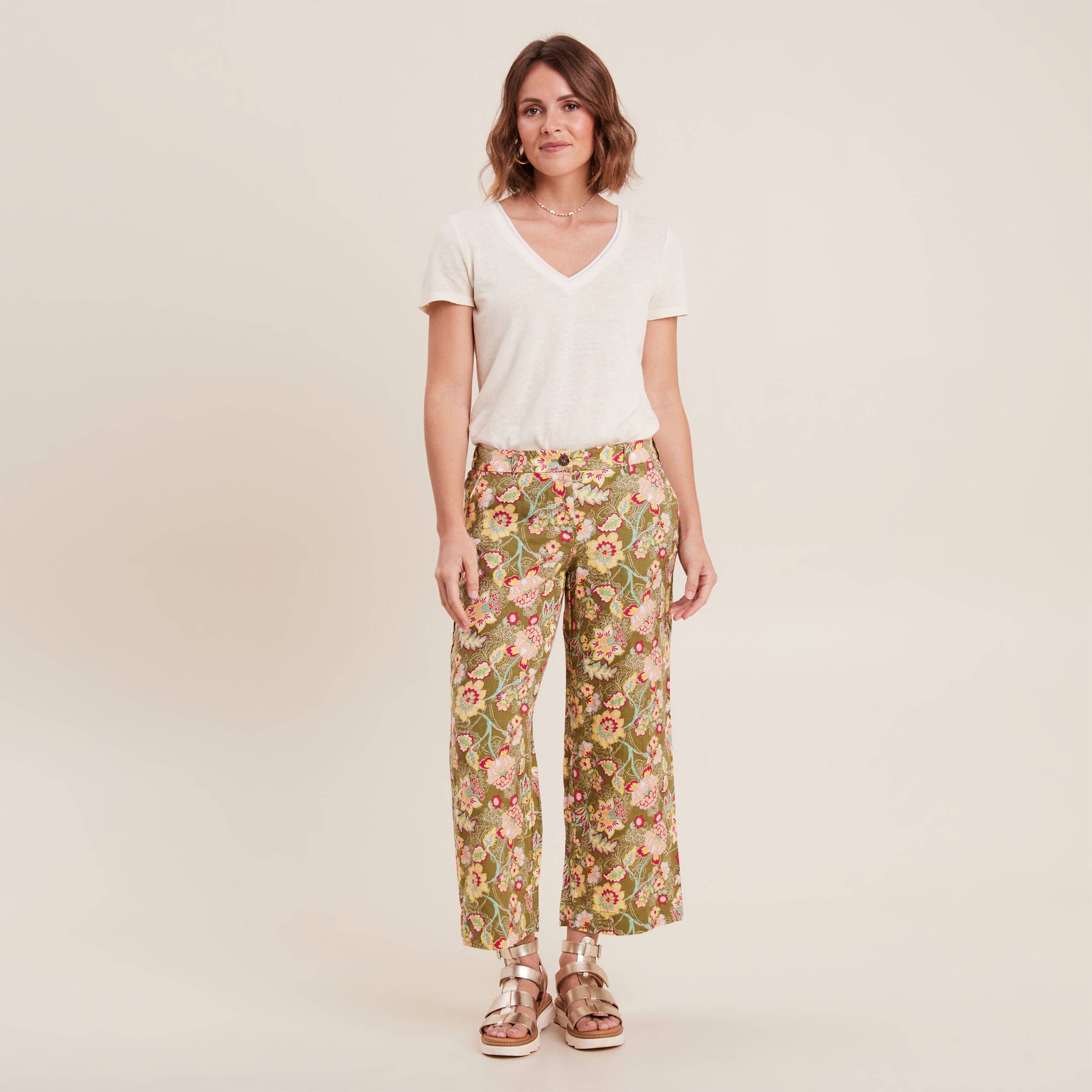 Pantalon large 7/8&egrave;me vert kaki femme