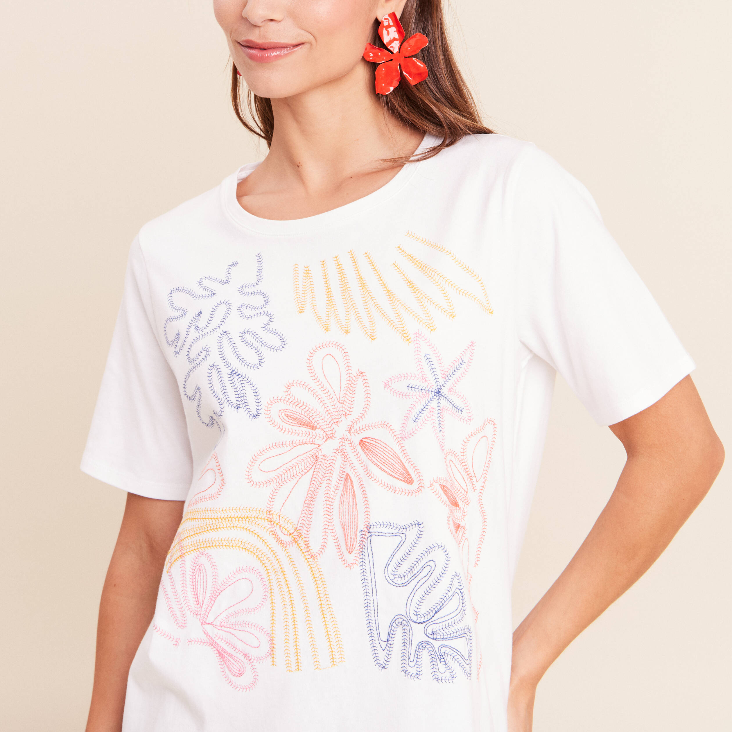 T-shirt col rond manches courtes brod&eacute; blanc femme