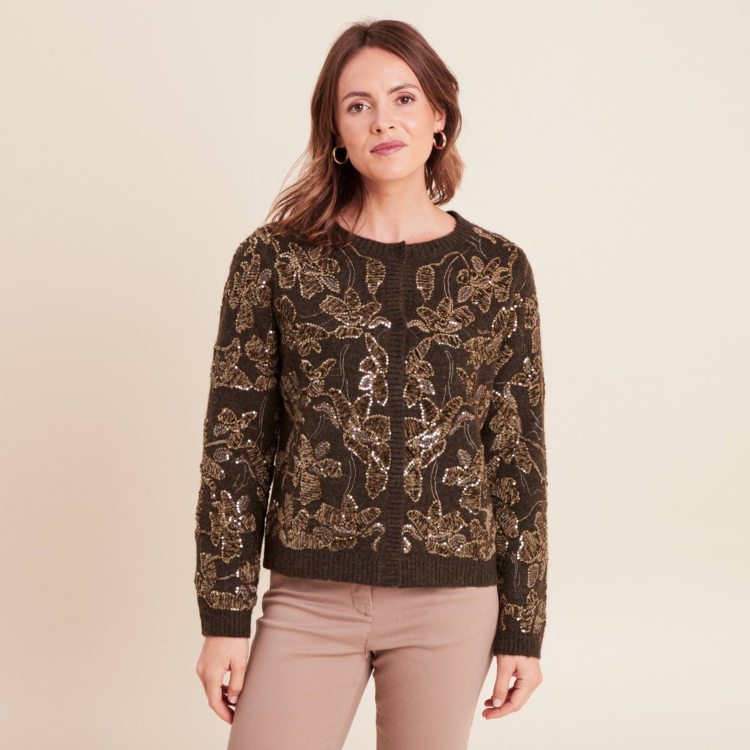 Gilet droit brod&eacute; &agrave; sequins vert kaki femme