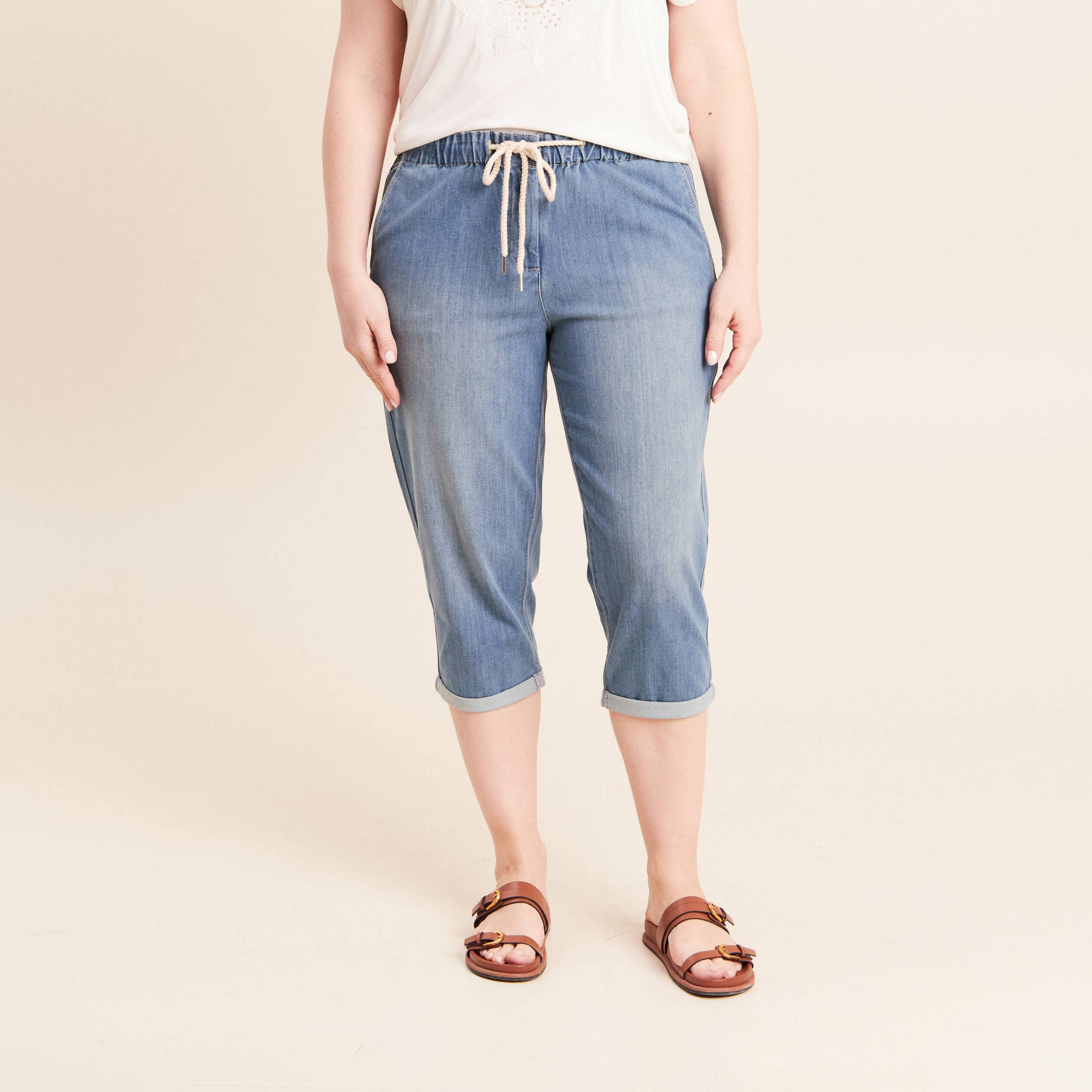 Pantacourt coupe mom denim double stone femme