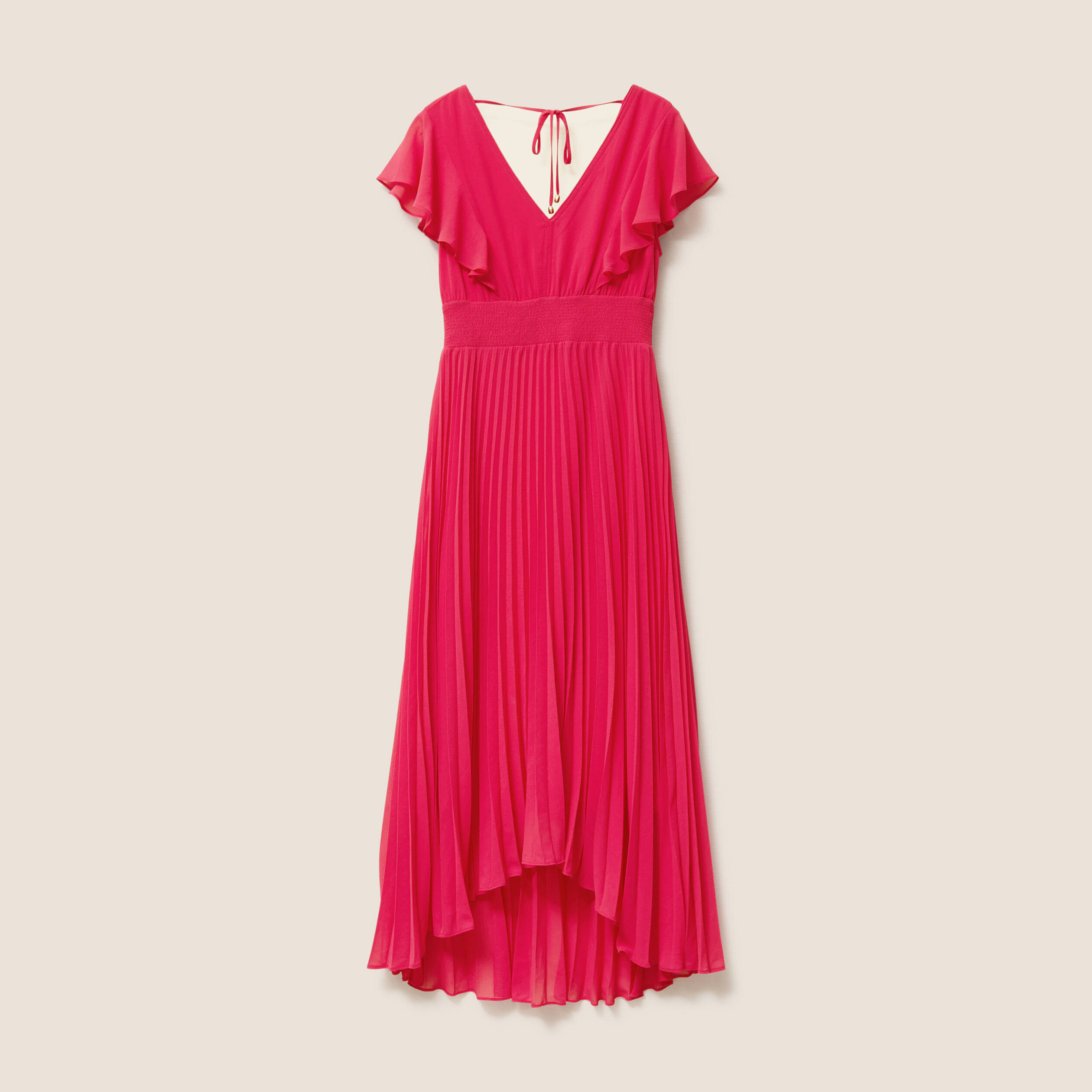 Robe longue &eacute;vas&eacute;e &agrave; volants rose fushia femme