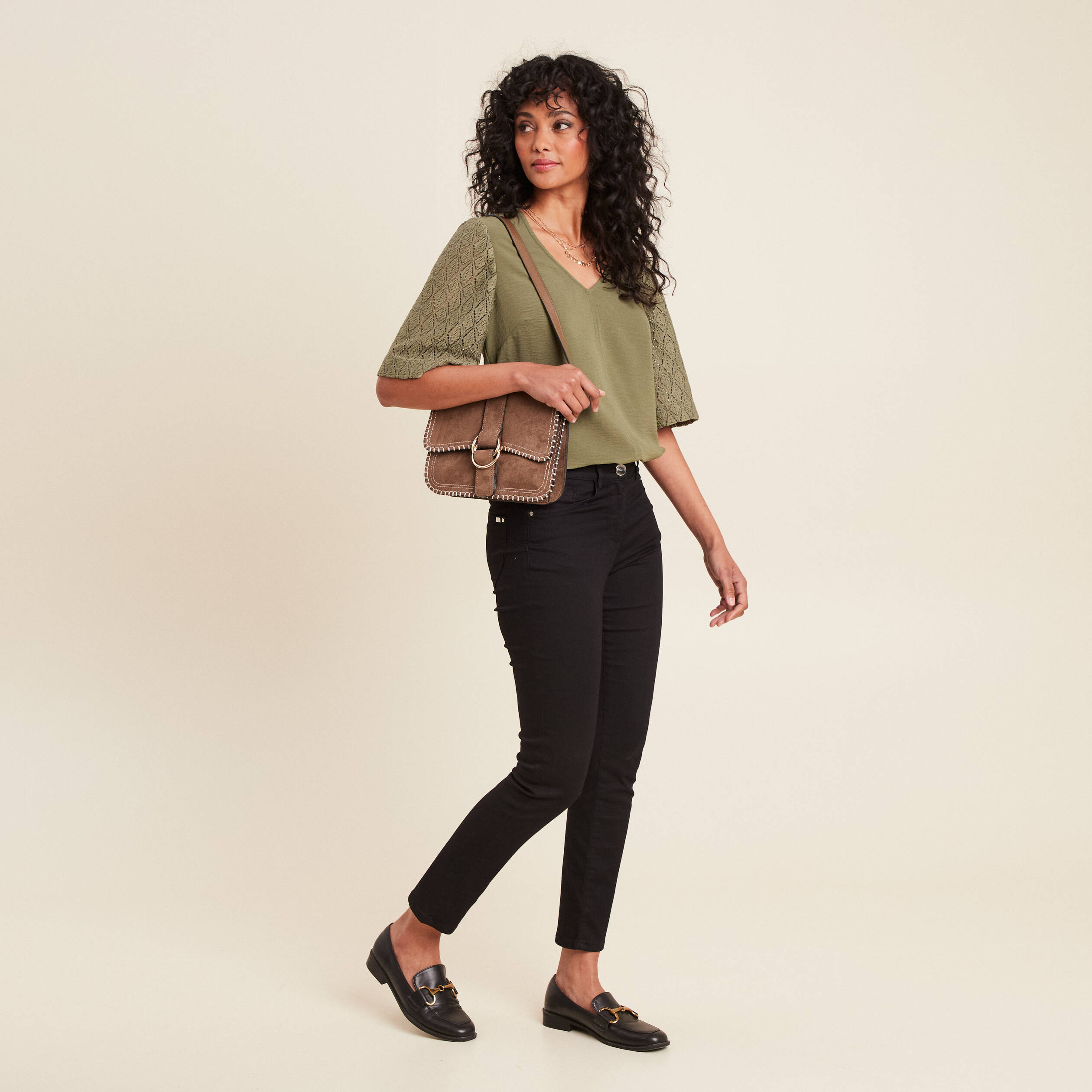 Blouse manches 3/4 vert kaki femme