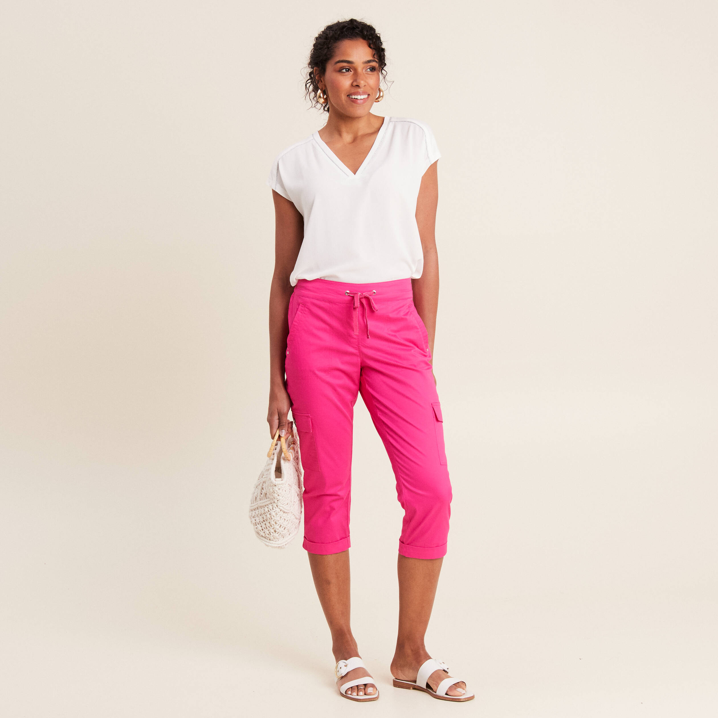 Pantacourt droit poches côtés rose fushia femme