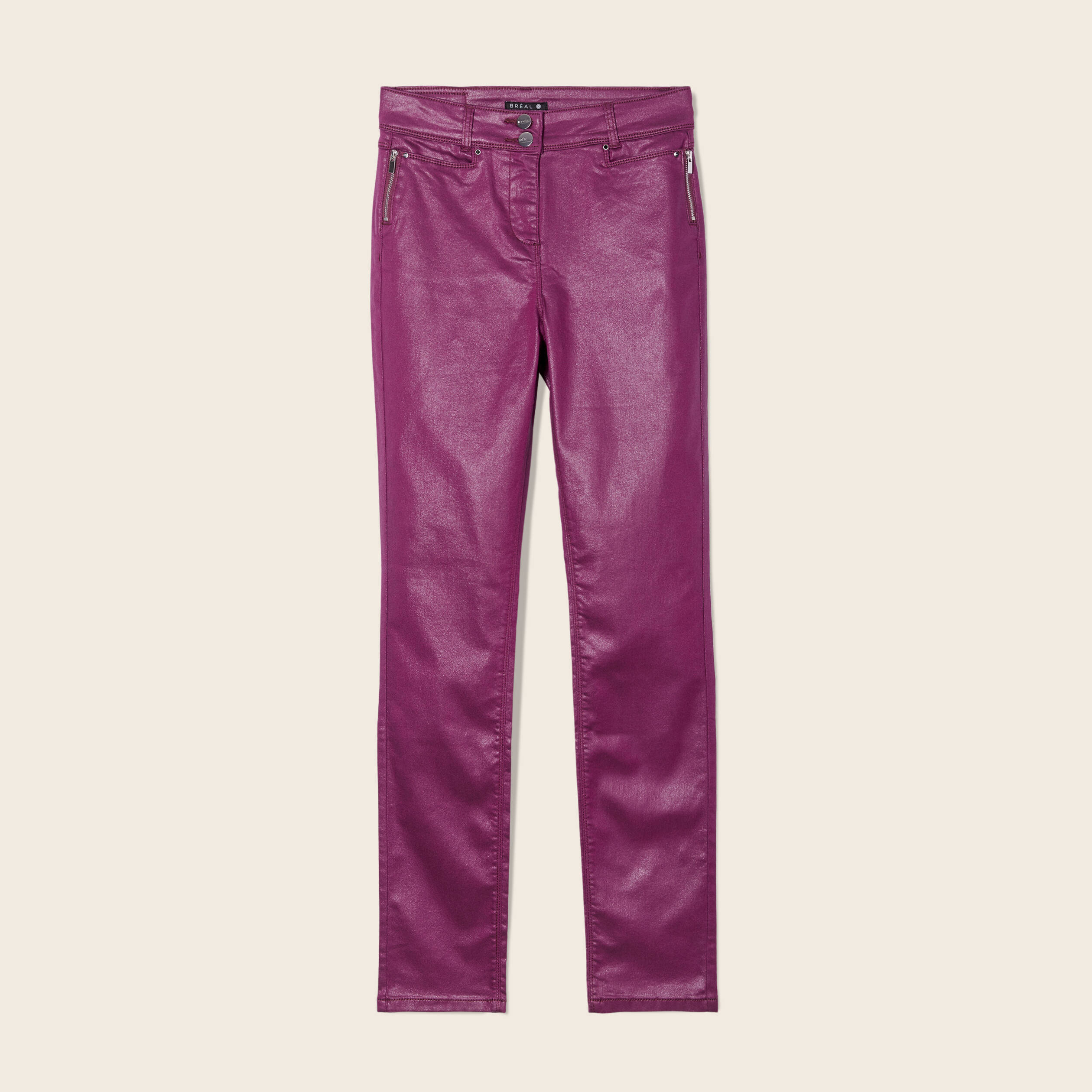Pantalon ajusté enduit prune femme