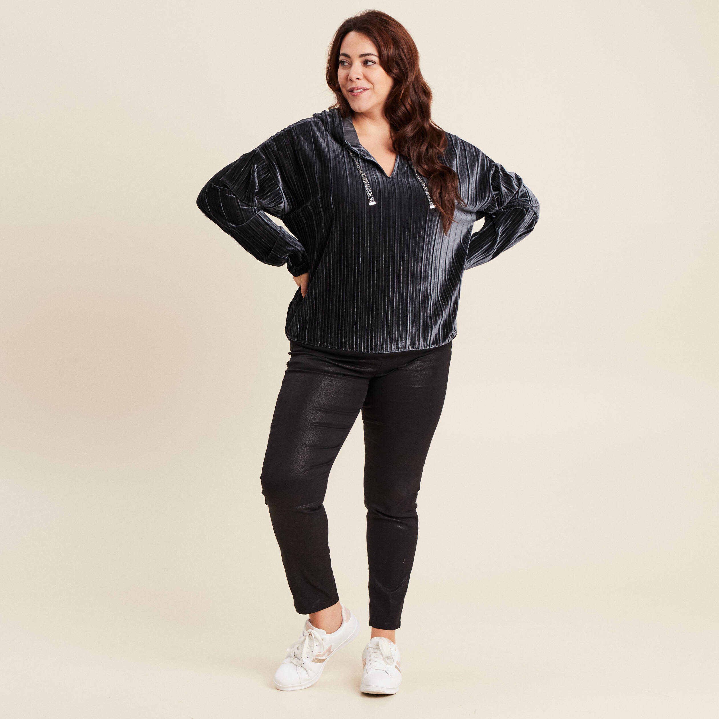 Sweat manches longues pliss&eacute; gris argent femme