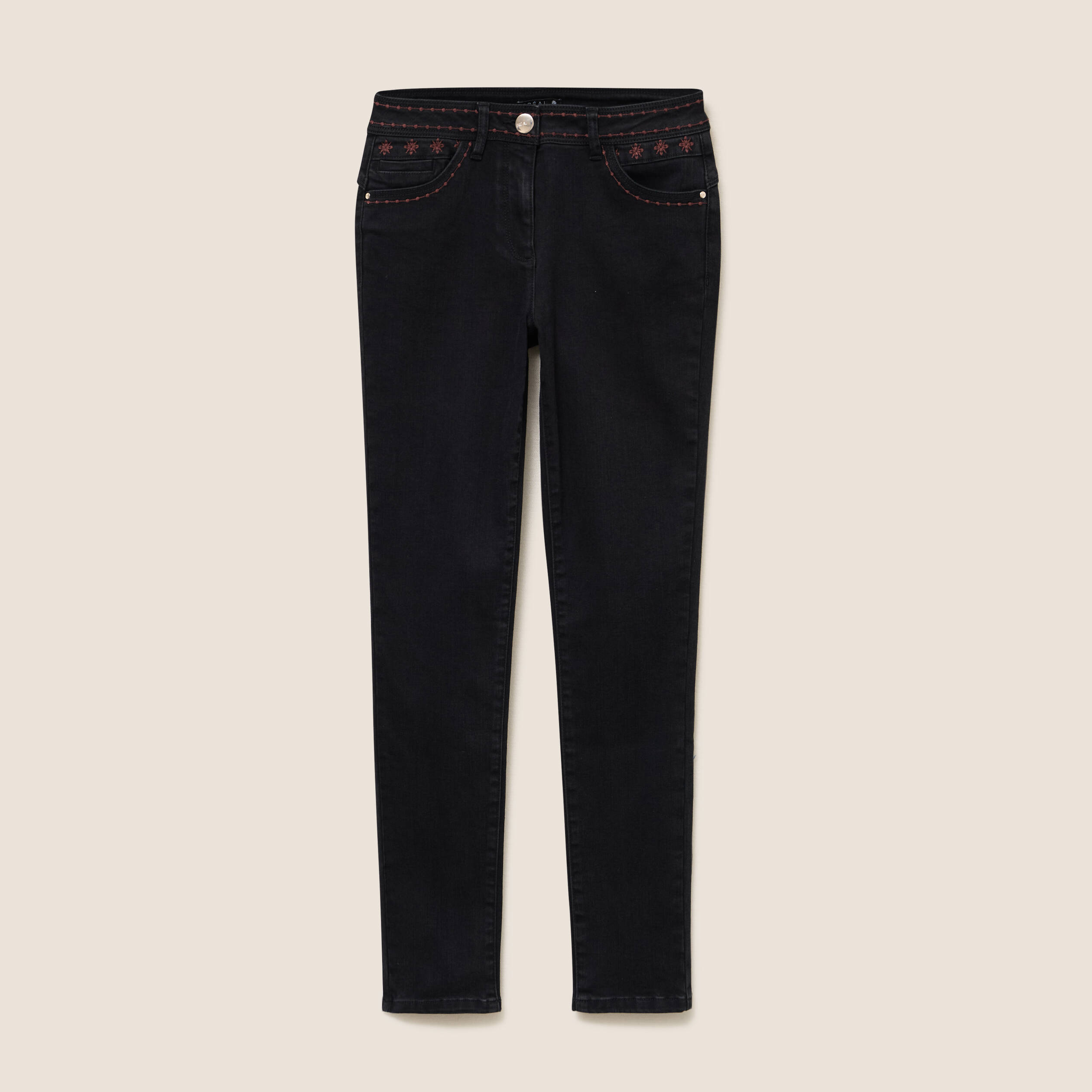Jean coupe ajust&eacute;e avec broderie noir femme