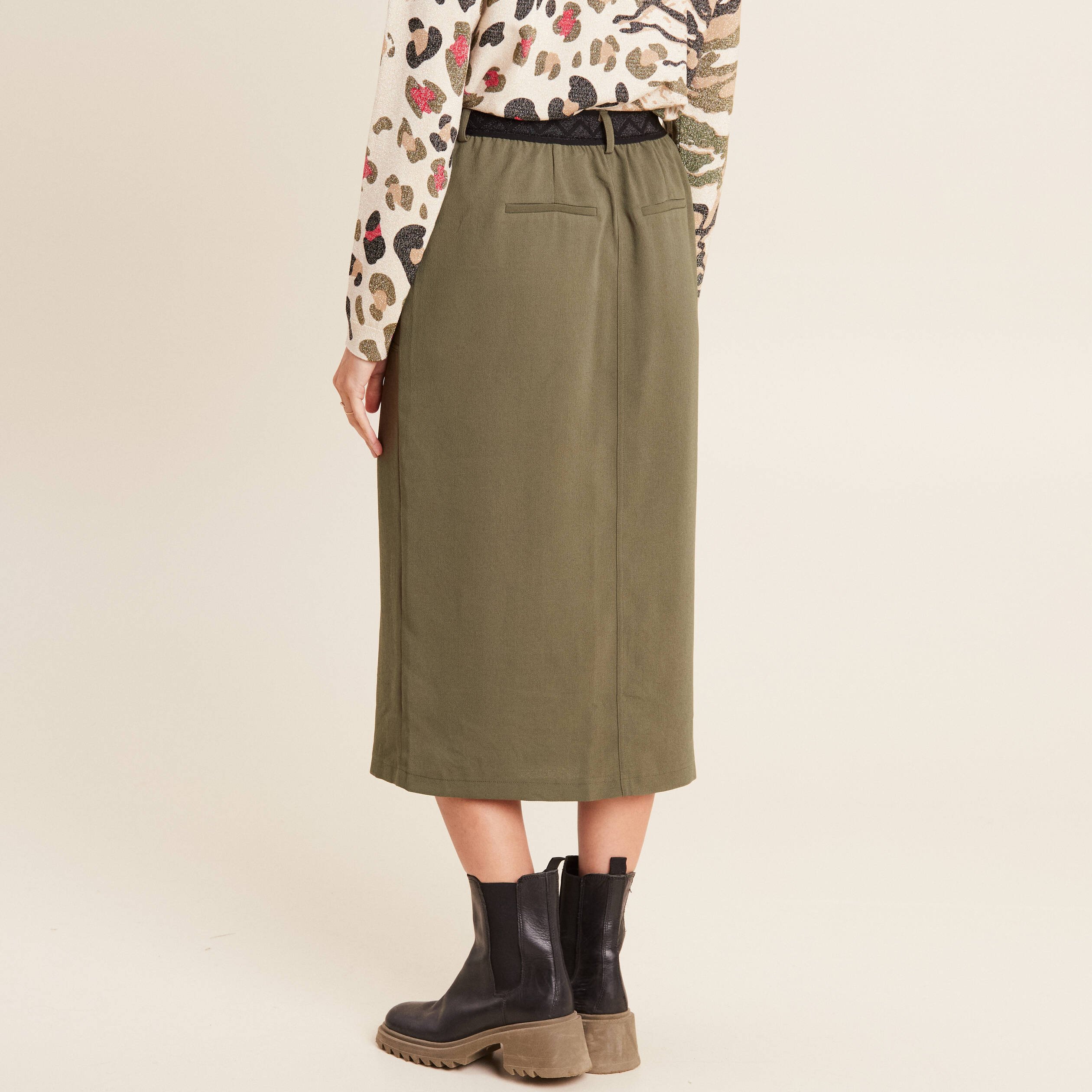 Jupe longue droite vert kaki femme