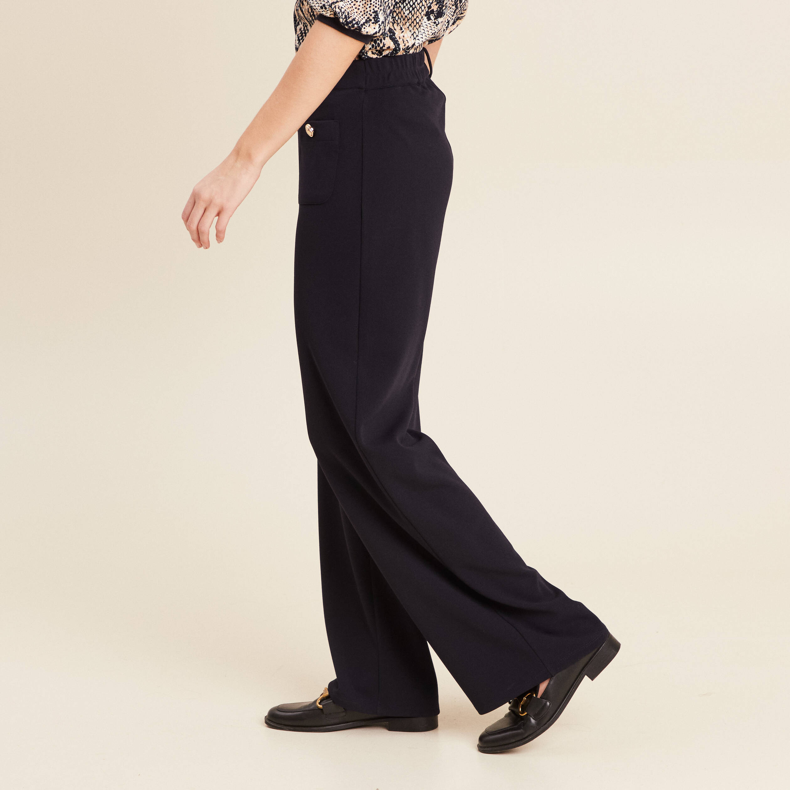 Pantalon coupe droite taille haute bleu fonc&eacute; femme