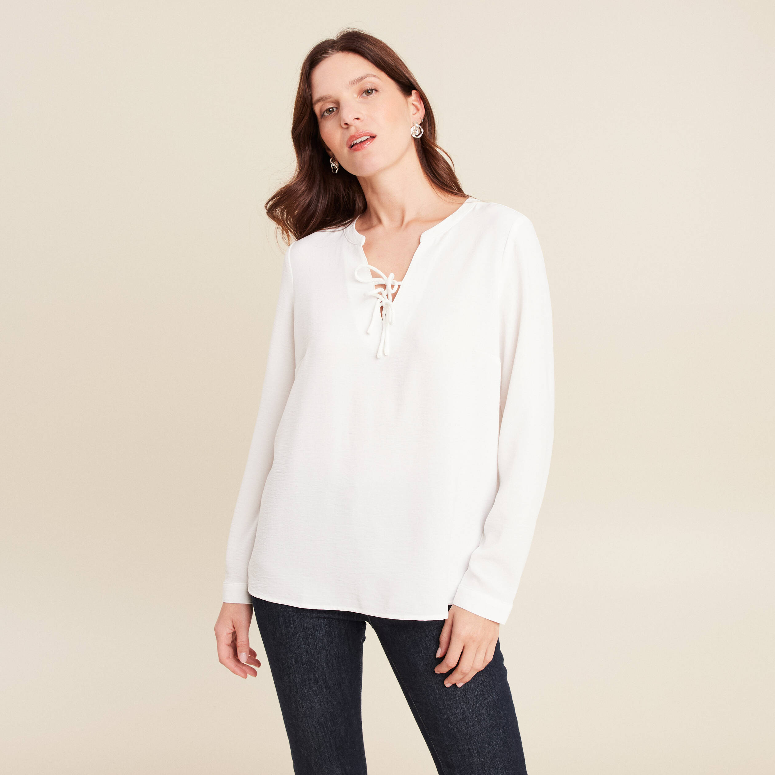 Blouse fluide n&oelig;uds manches longues ecru femme