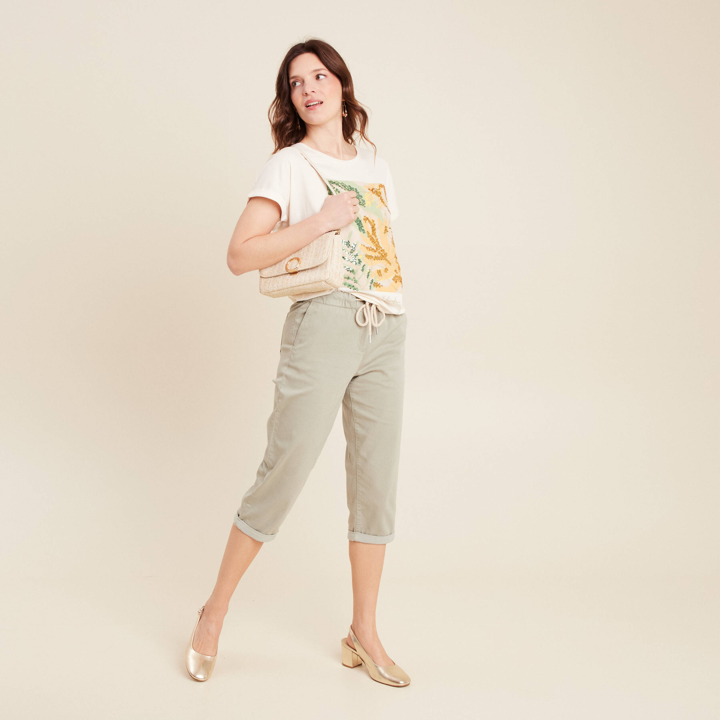 Pantacourt coupe mom large vert clair femme