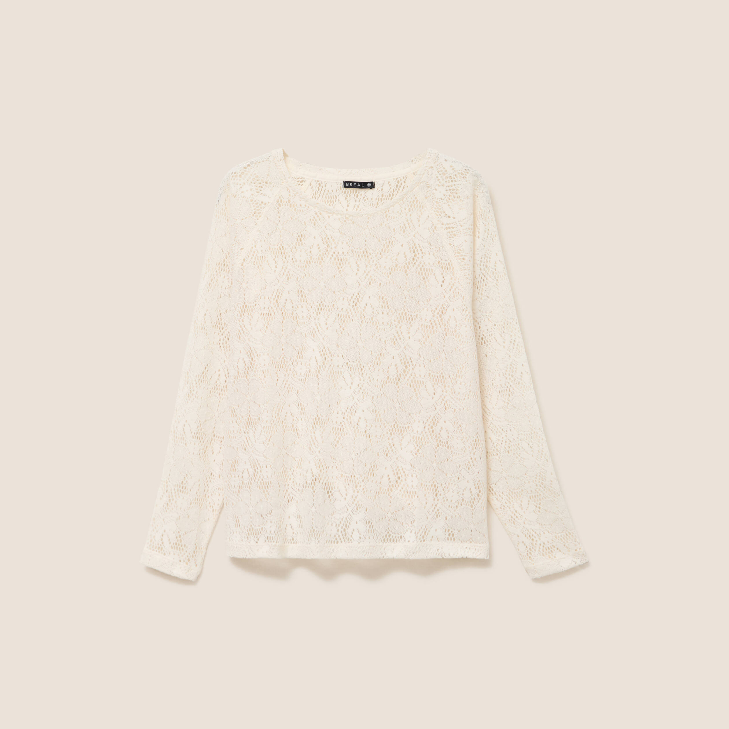 T-shirt manches longues aspect dentelle ecru femme