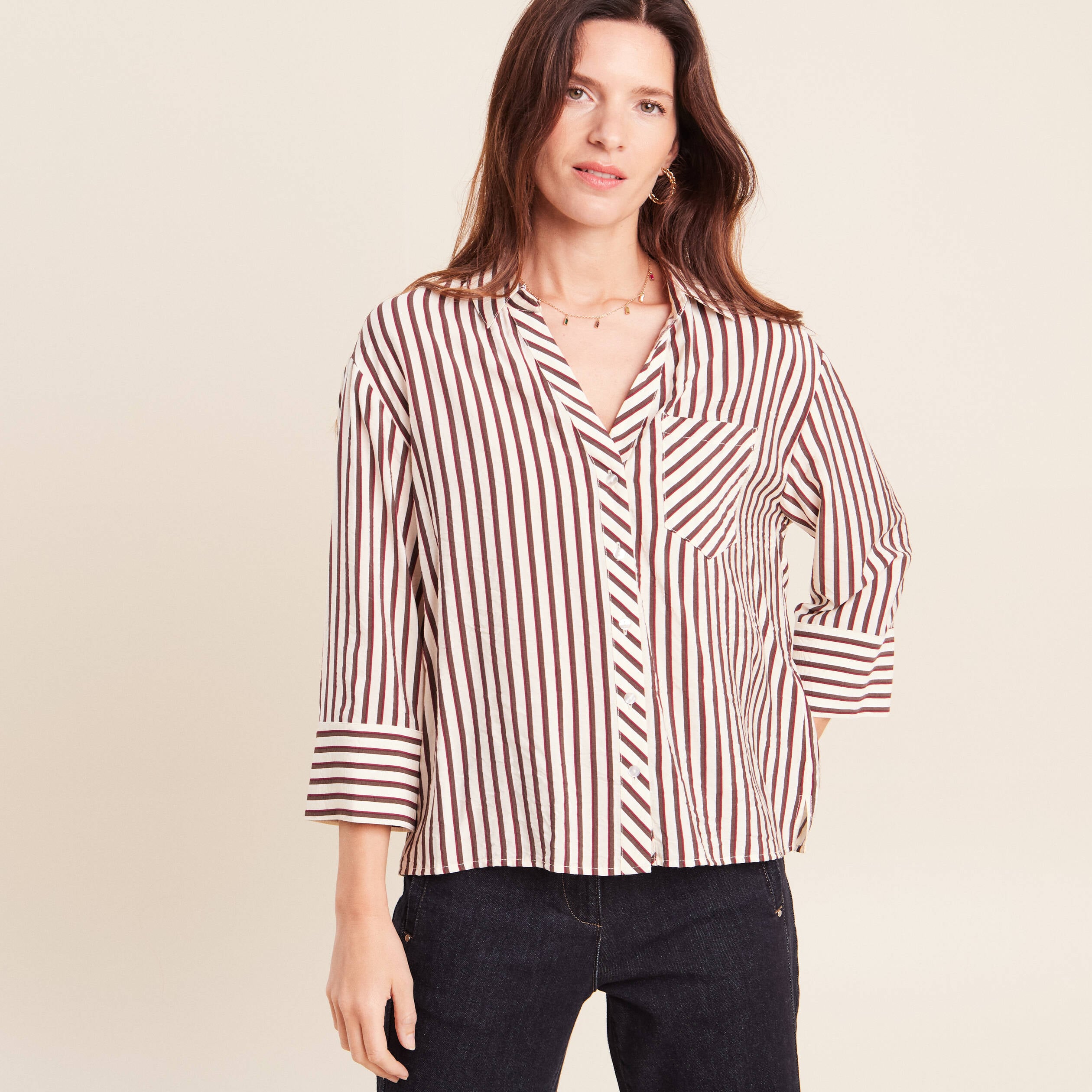 Chemise ample manches 3/4 marron femme